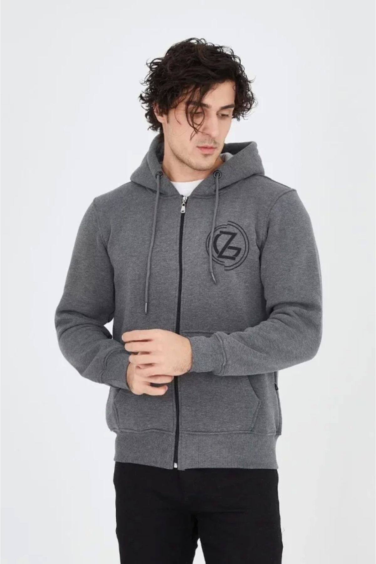 Butik Erkek Kapüşonlu Baskılı Fermuarlı Hırka - Füme