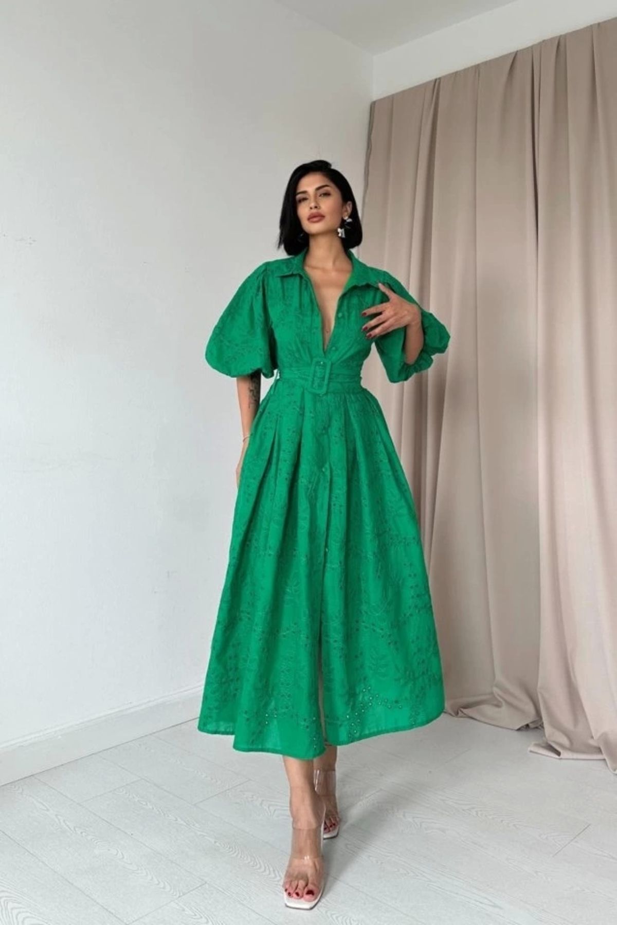 Butik Yeşil Pileli Balkon Elbise