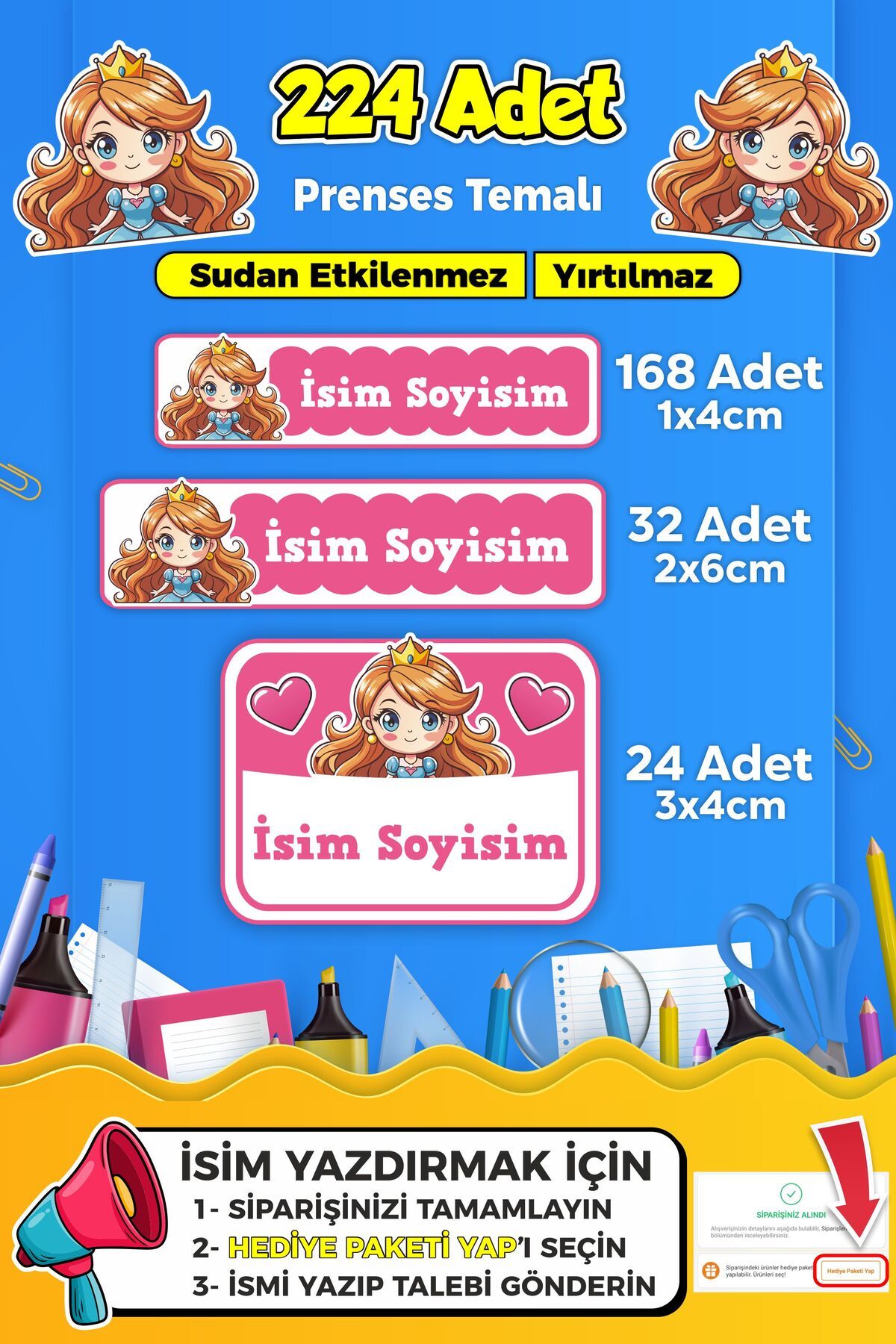 SB store Prenses Temalı Okul Kreş Kişiye Özel İsim Etiket Seti - Model 303
