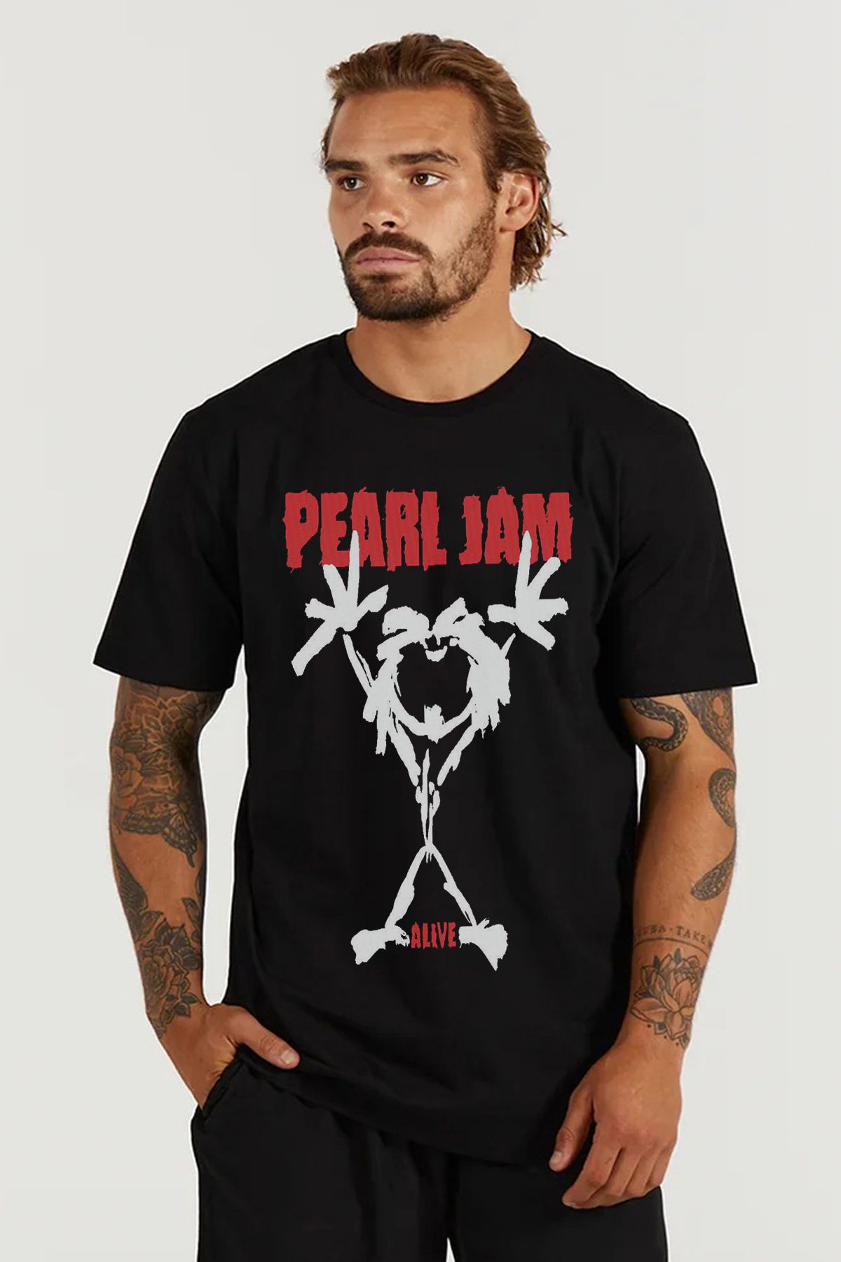 MODA Pearl Jam Alternative Rock Baskılı Oversize Kalıp Siyah Geniş Bol Kesim Erkek Tişört