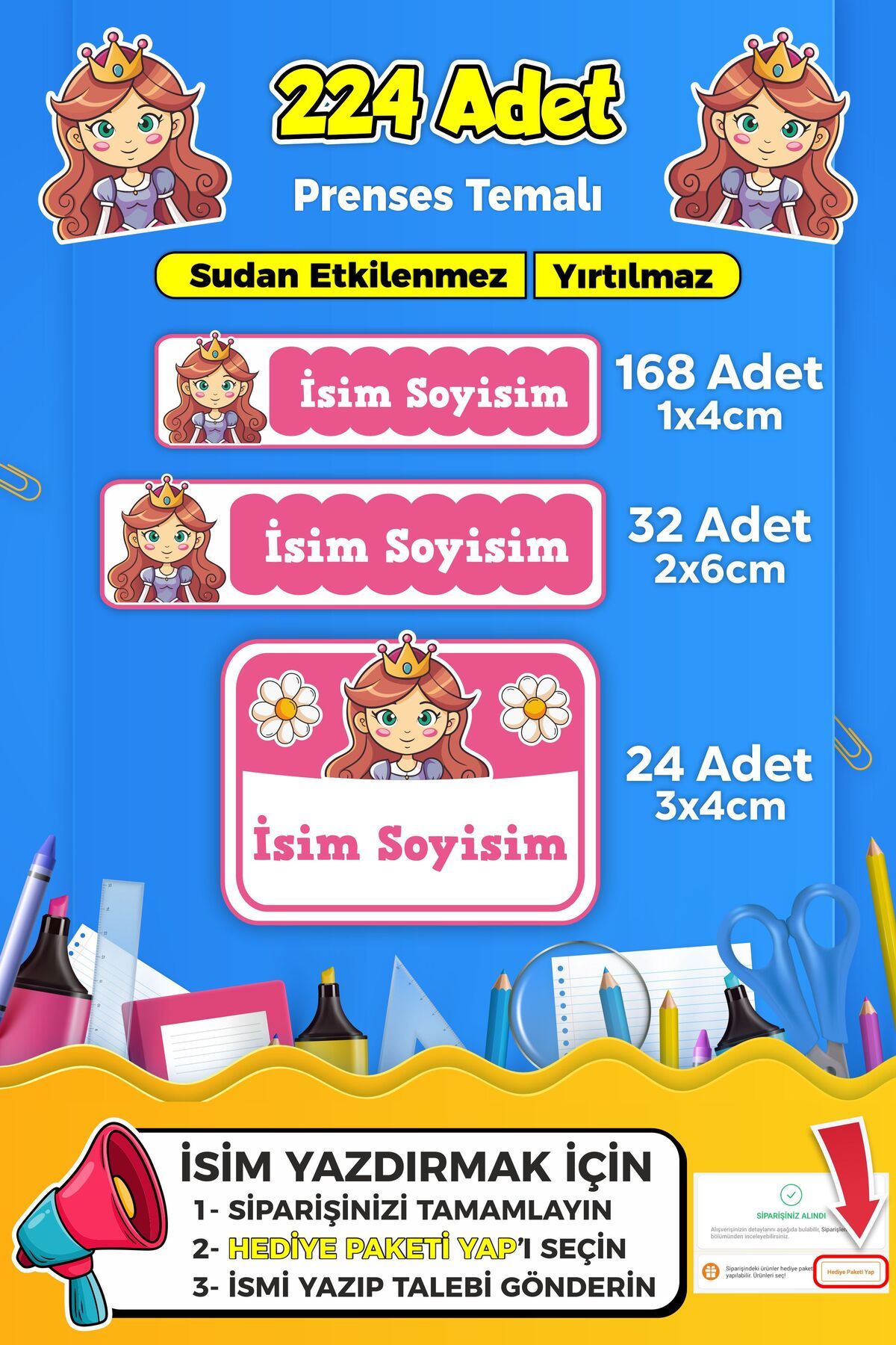 SB store Prenses Temalı Okul Kreş Kişiye Özel İsim Etiket Seti - Model 306