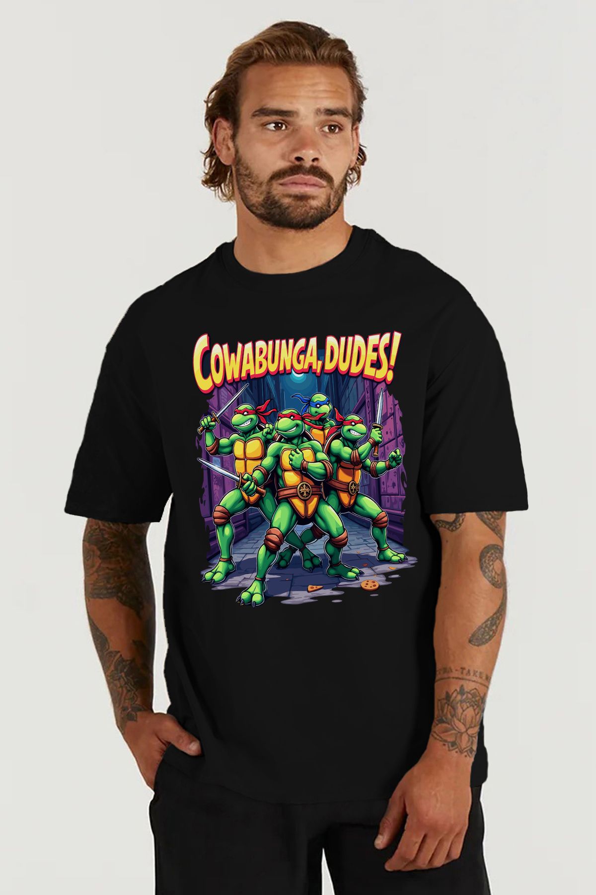 MODA Ninja Kaplumbağalar Ninja Turtles Baskılı Oversize Kalıp Siyah Geniş Bol Kesim Erkek Tişört