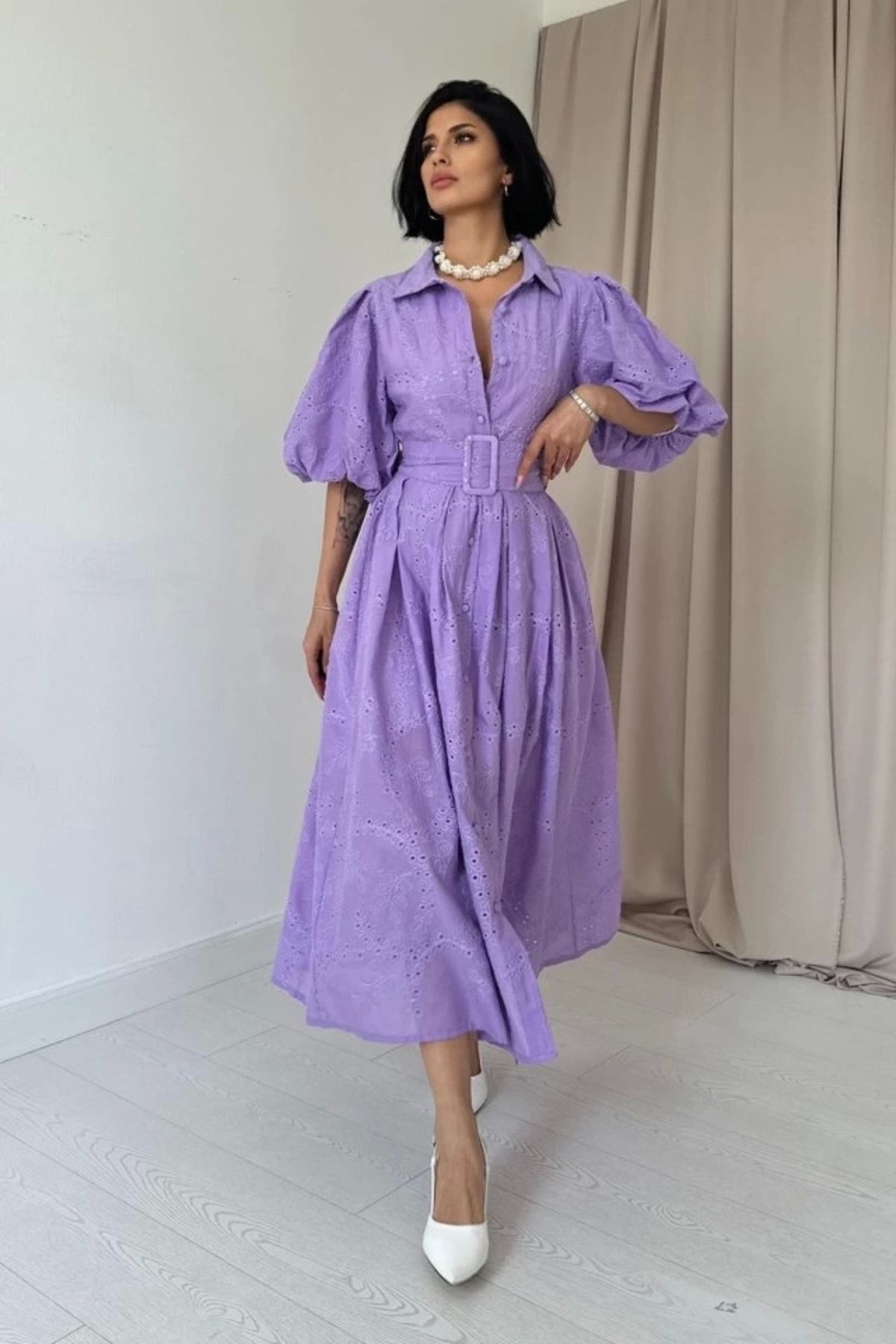 Butik Lila Pileli Balkon Elbise