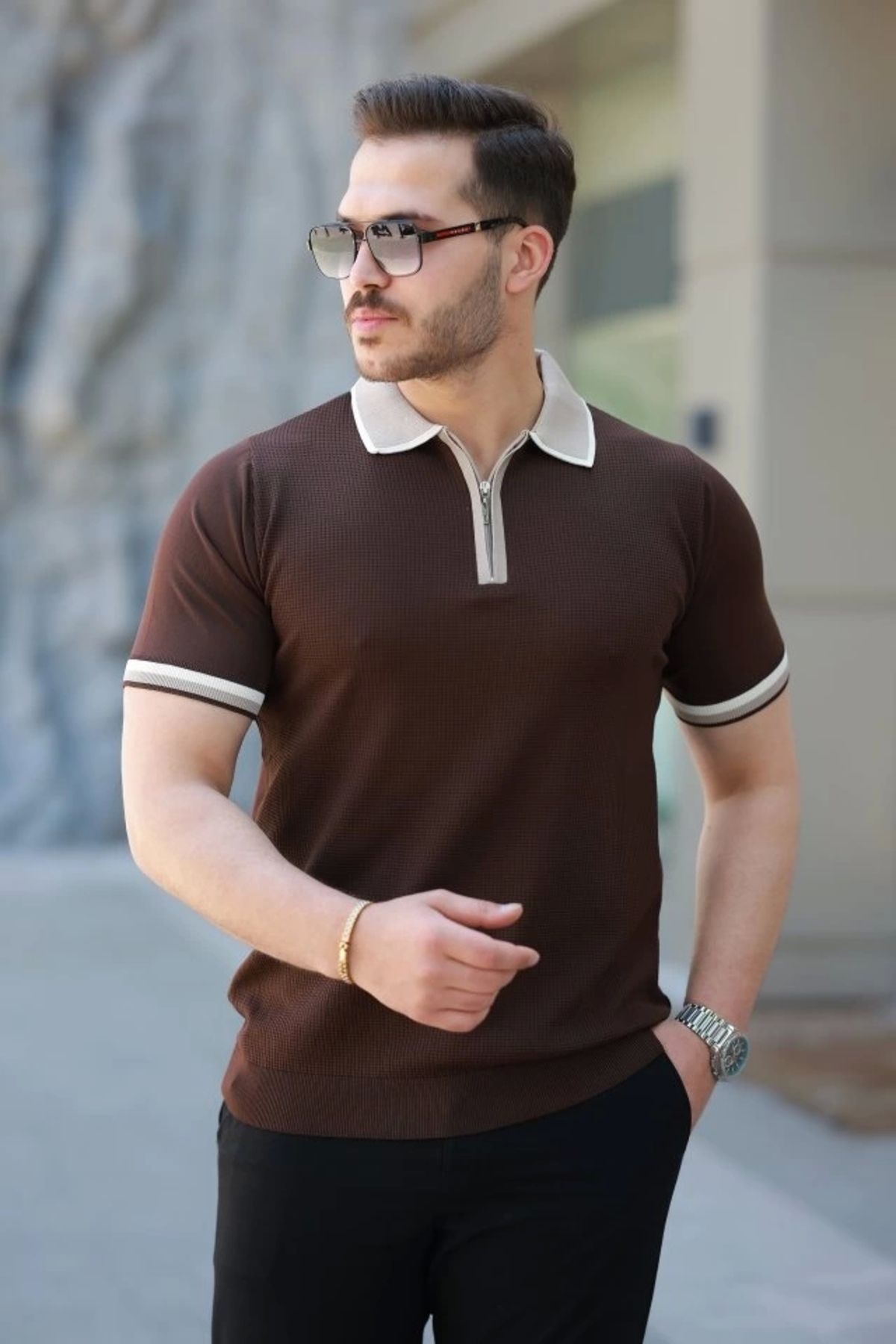 Butik Erkek Renkli Yaka Kısa Kollu Tişört