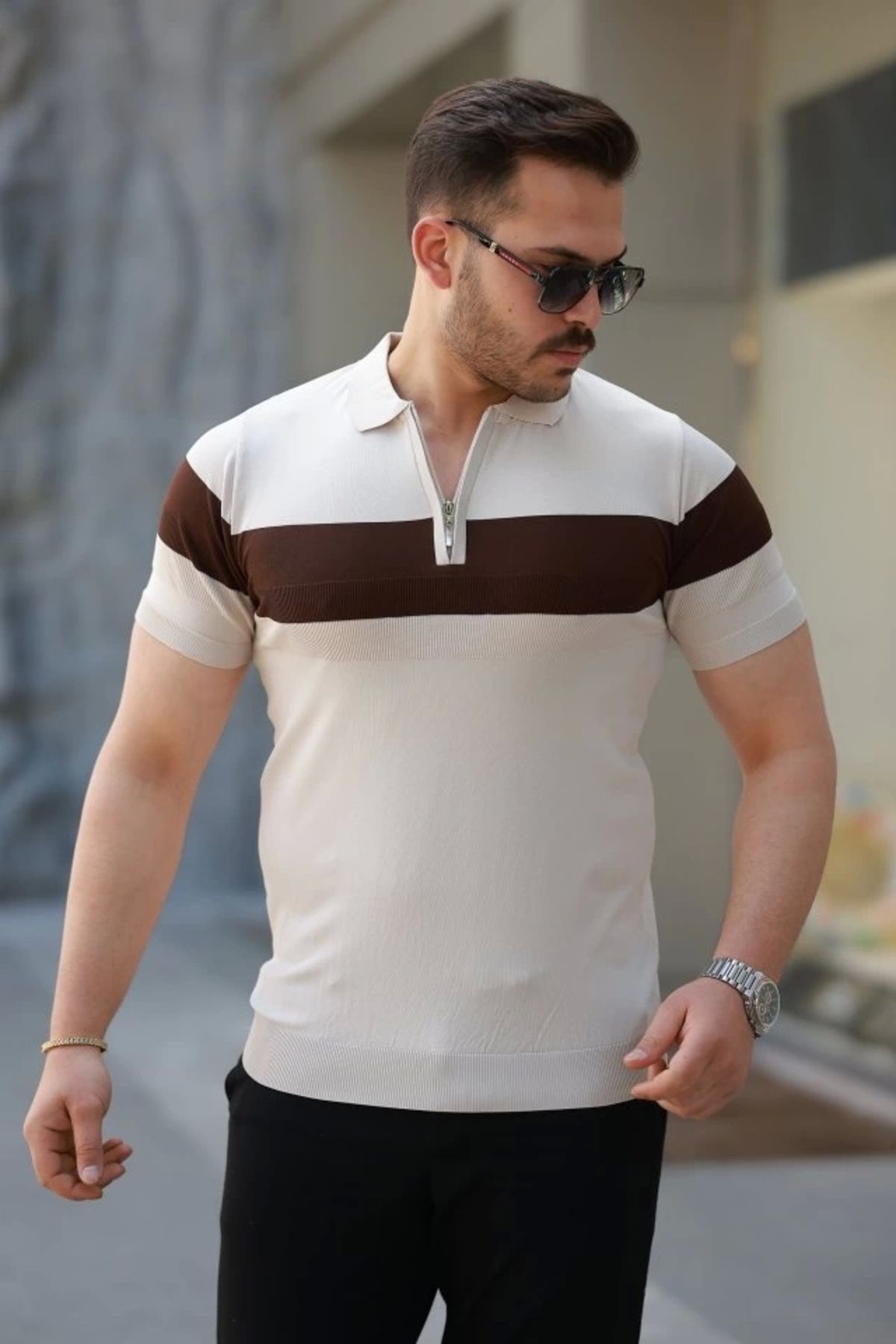 Butik Erkek Fermuar Yakalı şerit Renk Desenli Kısa Kollu Tişört