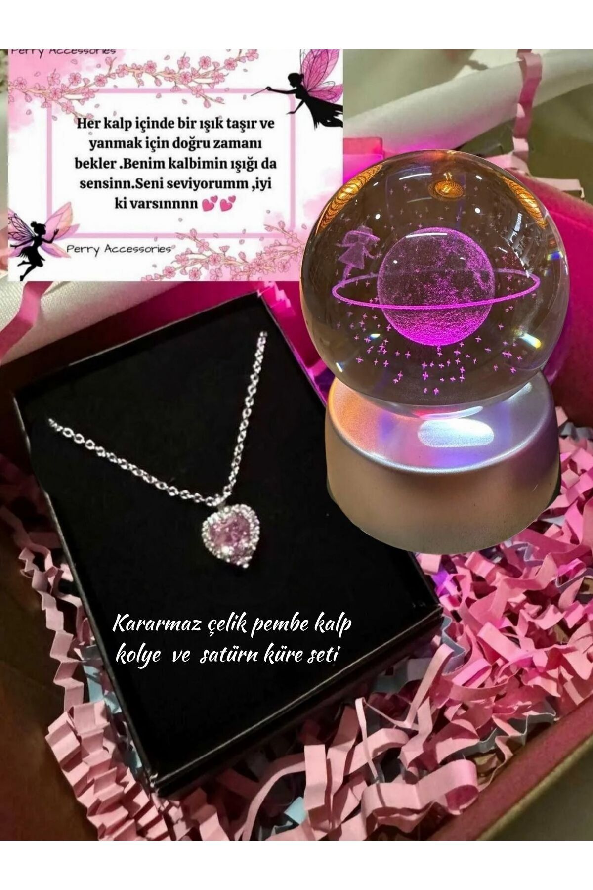 Perry Accesories kararmaz çelik pembe kalp kolye ve 3d satürn kız kar küresi hediye seti (süslenerek gönderilmekte)