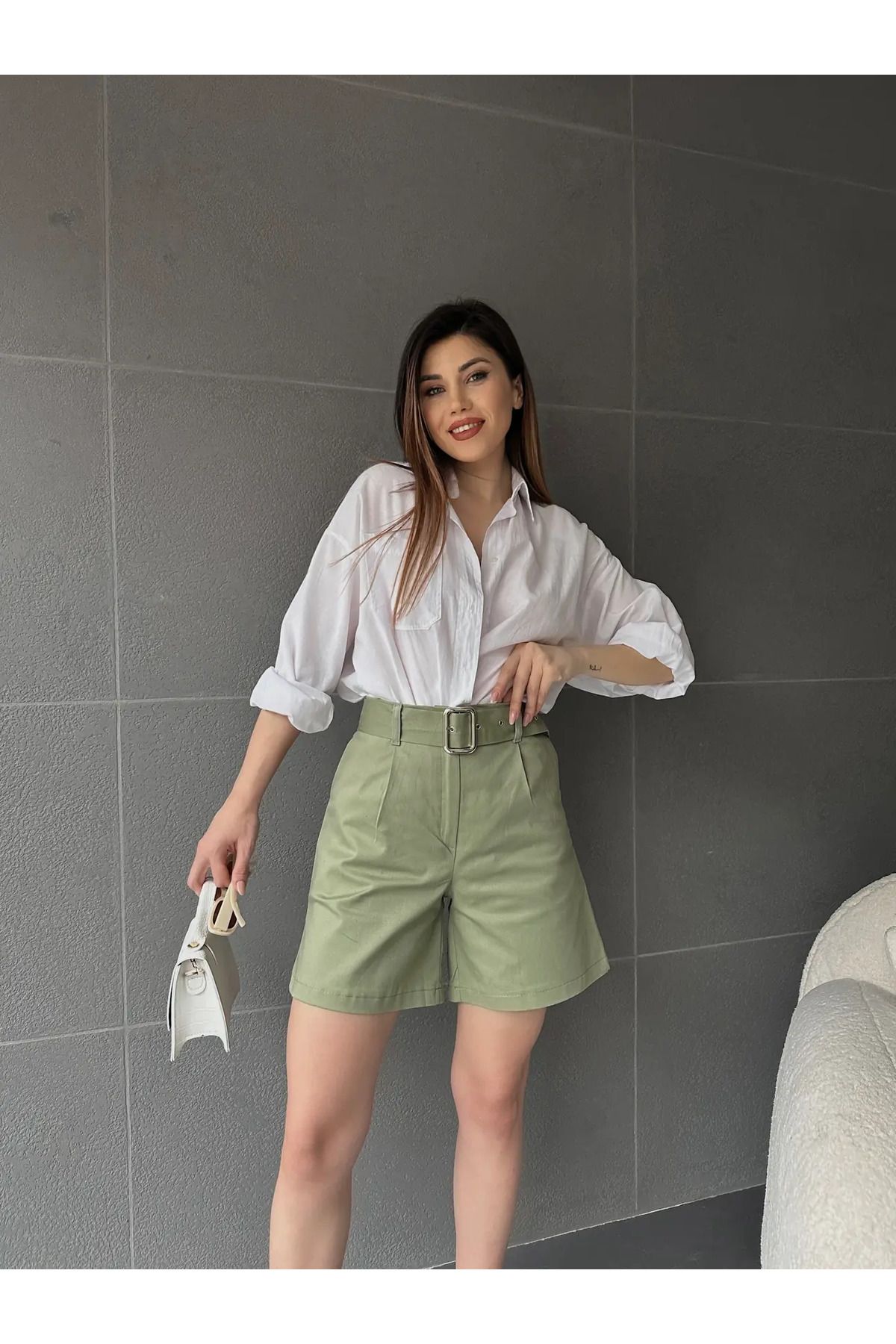 SYK Kuş Gözü Kemerli Geniş Paçalı Mom Şort