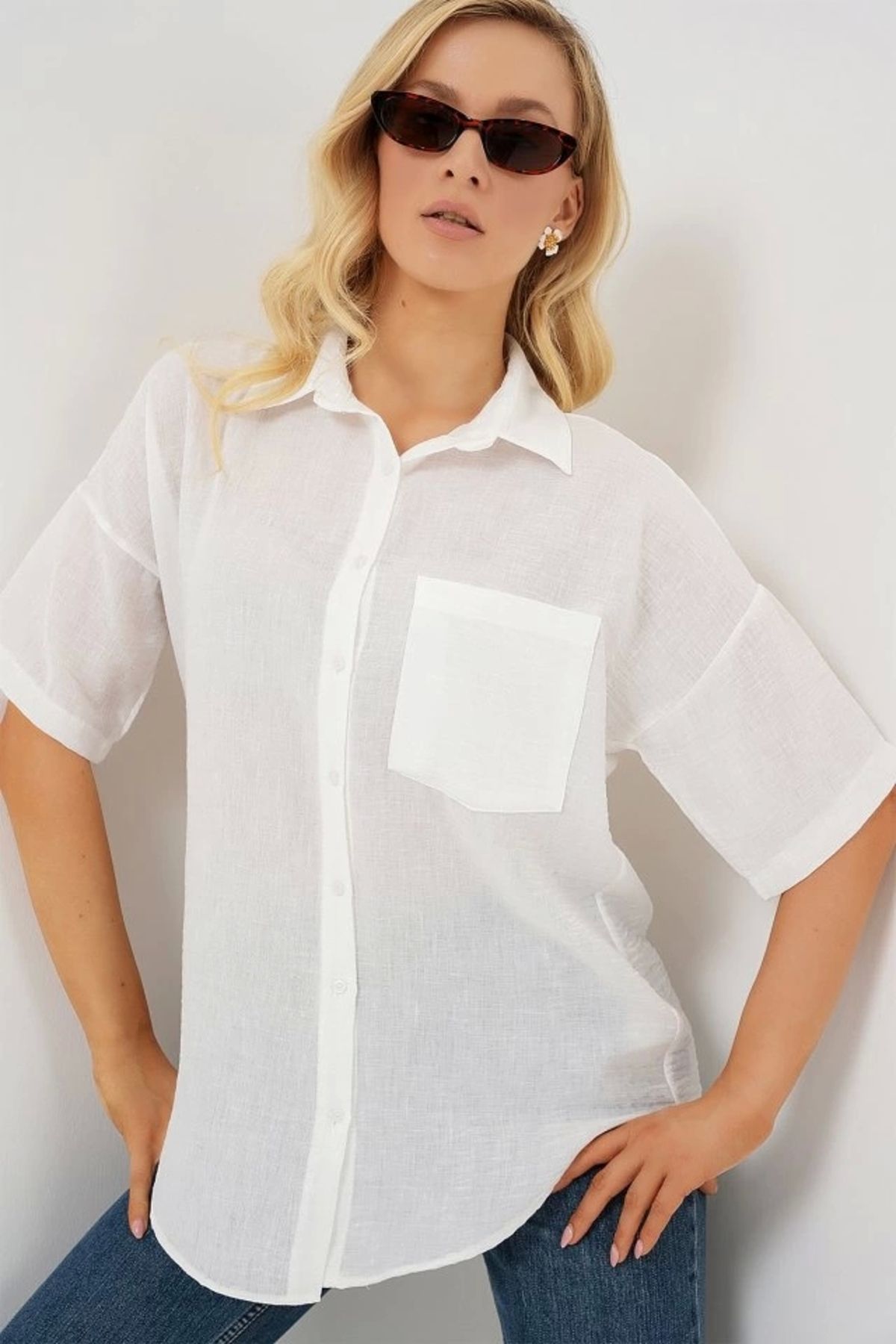 Butik Kısa Kol Keten Görünümlü Gömlek 20336 - Beyaz