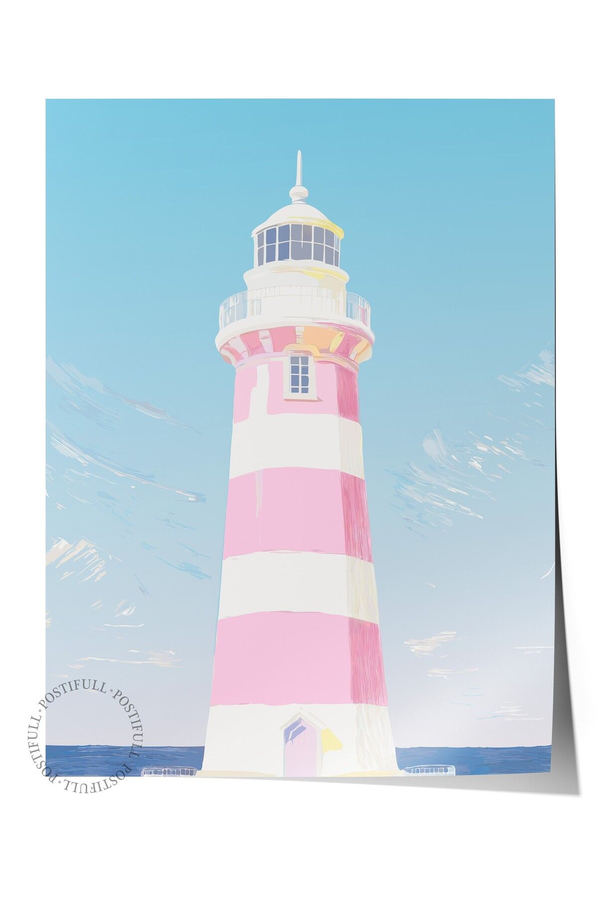 Postifull Çerçevesiz Duvar Posteri, Deniz feneri, illüstrasyon, Pastel Tonlar, Mavi Renk Poster, 2025 Yaz Seçk