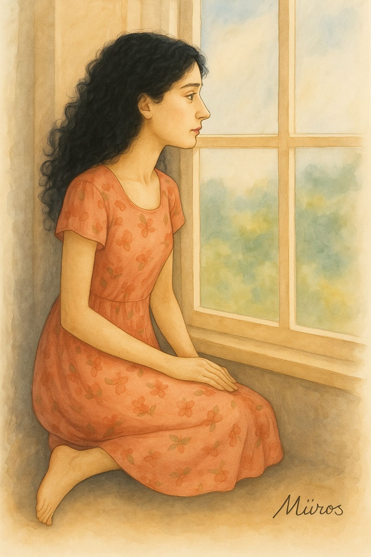 Sessiz Renkler – Pencere Kenarında Oturan Kadın | Premium-A3 Sanat Baskısı, Çerçeveli