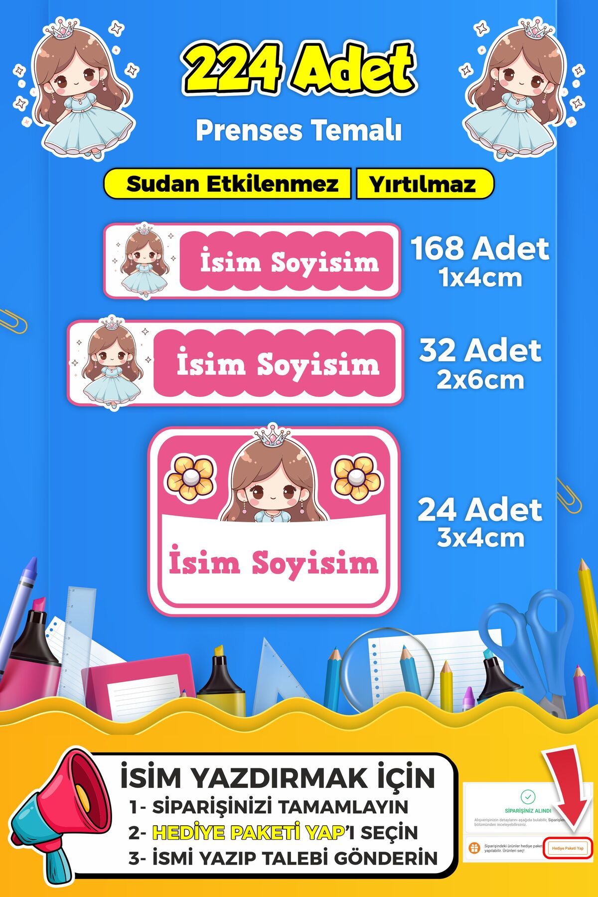 SB store Prenses Temalı Okul Kreş Kişiye Özel İsim Etiket Seti - Model 300
