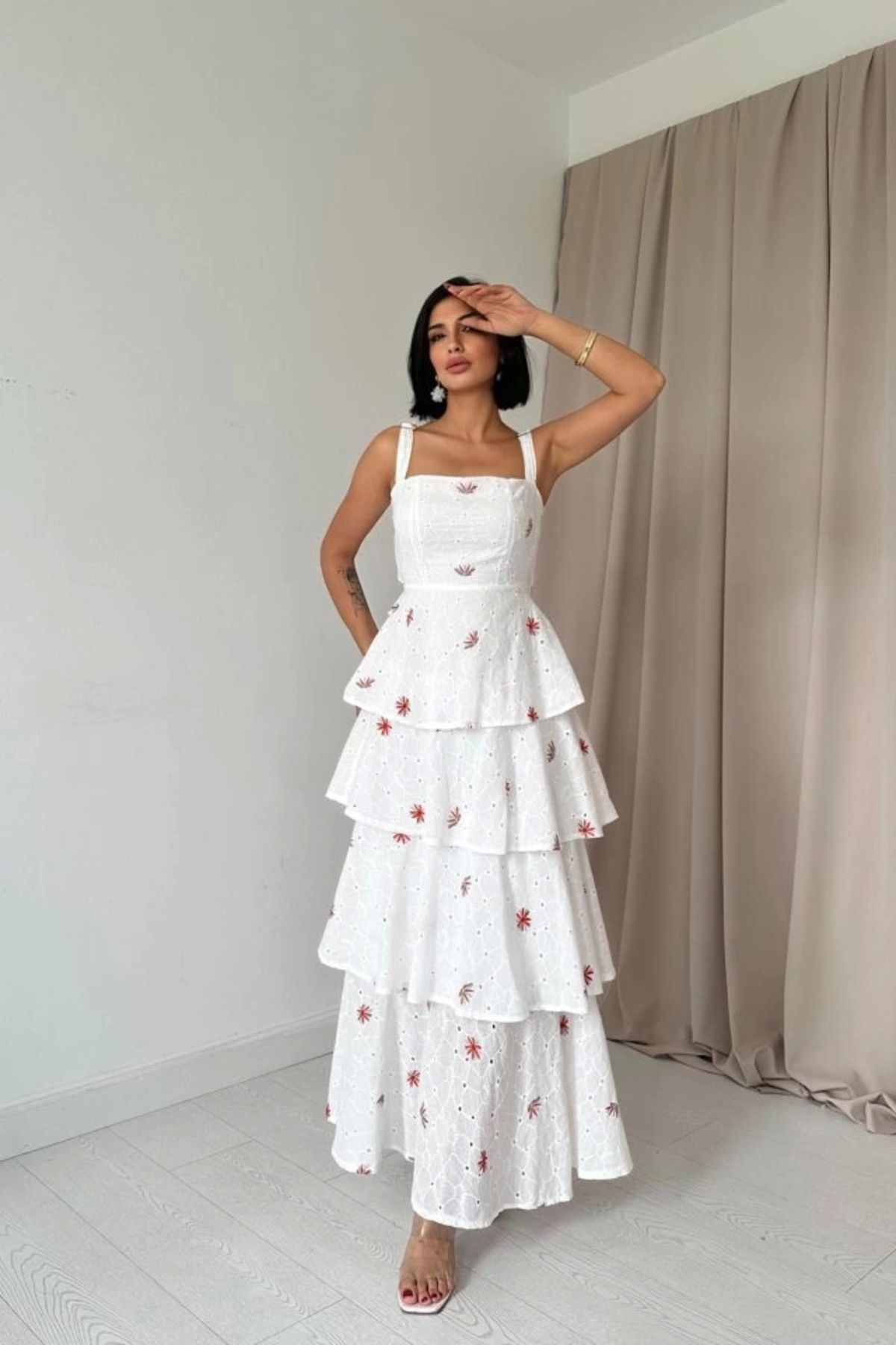 Butik Kırmızı Kat Kat Arkası Bağlamalı Elbise