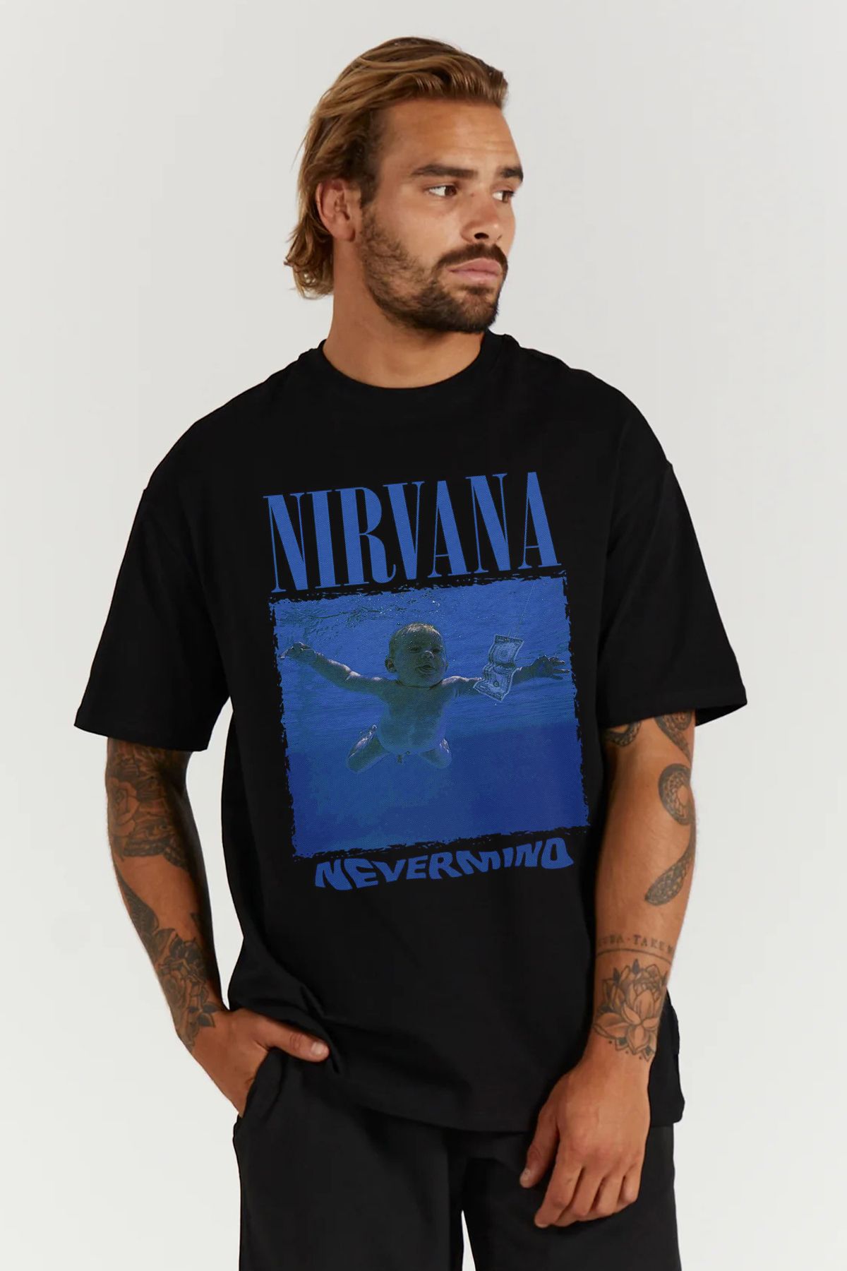 MODA Nirvana Kurt Cobain Baskılı Oversize Kalıp Siyah Geniş Bol Kesim Erkek Tişört