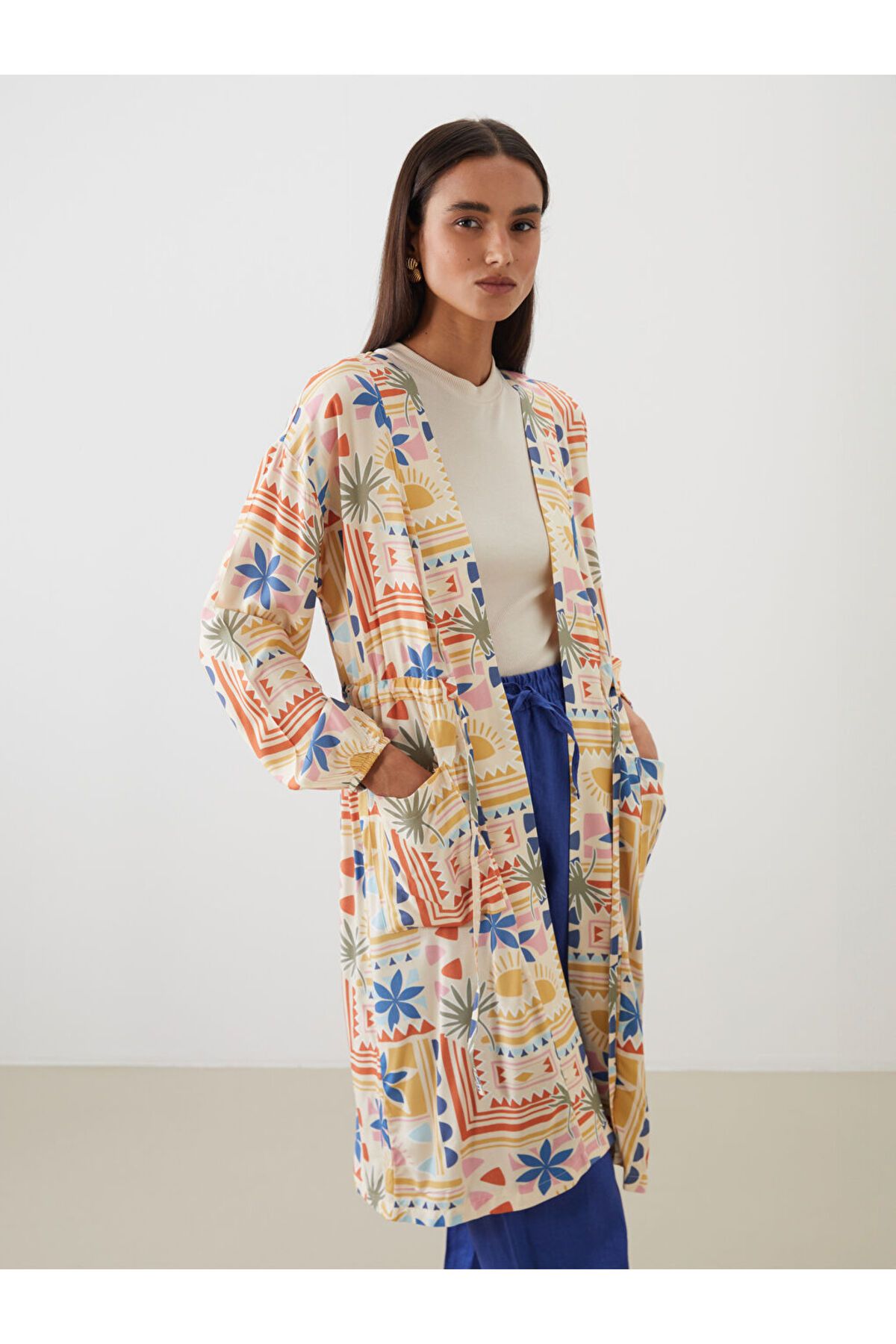 LC Waikiki Şal Yaka Desenli Oversize Kadın Kimono