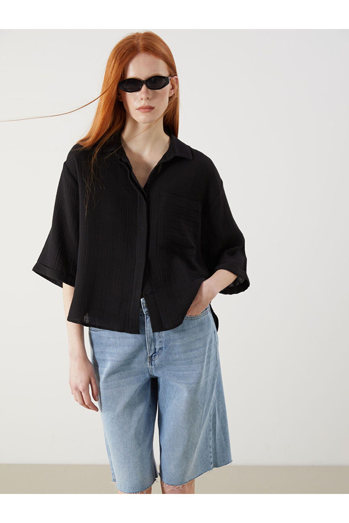 LC Waikiki XSIDE Siyah Oversize Müslin Kadın Gömlek