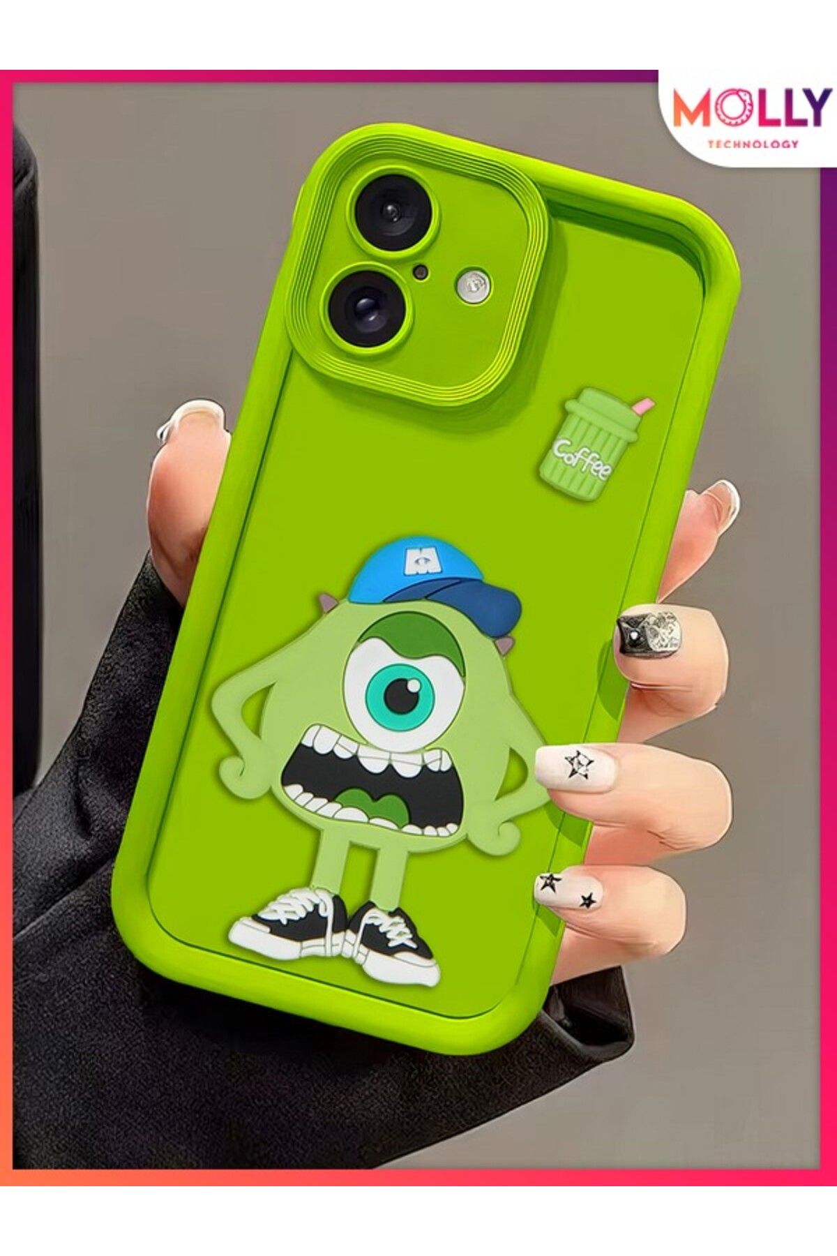 Molly iPhone 16 İçin Yeşil Kenarları Kalın 3d Kabartmalı Sevimli Canavar Mike Silikon Kılıf