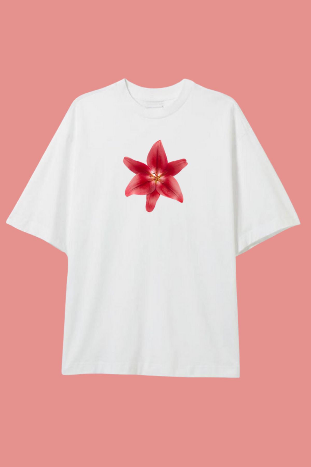 Dupe Design Kırmızı Çiçek Baskılı Oversize T-shirt