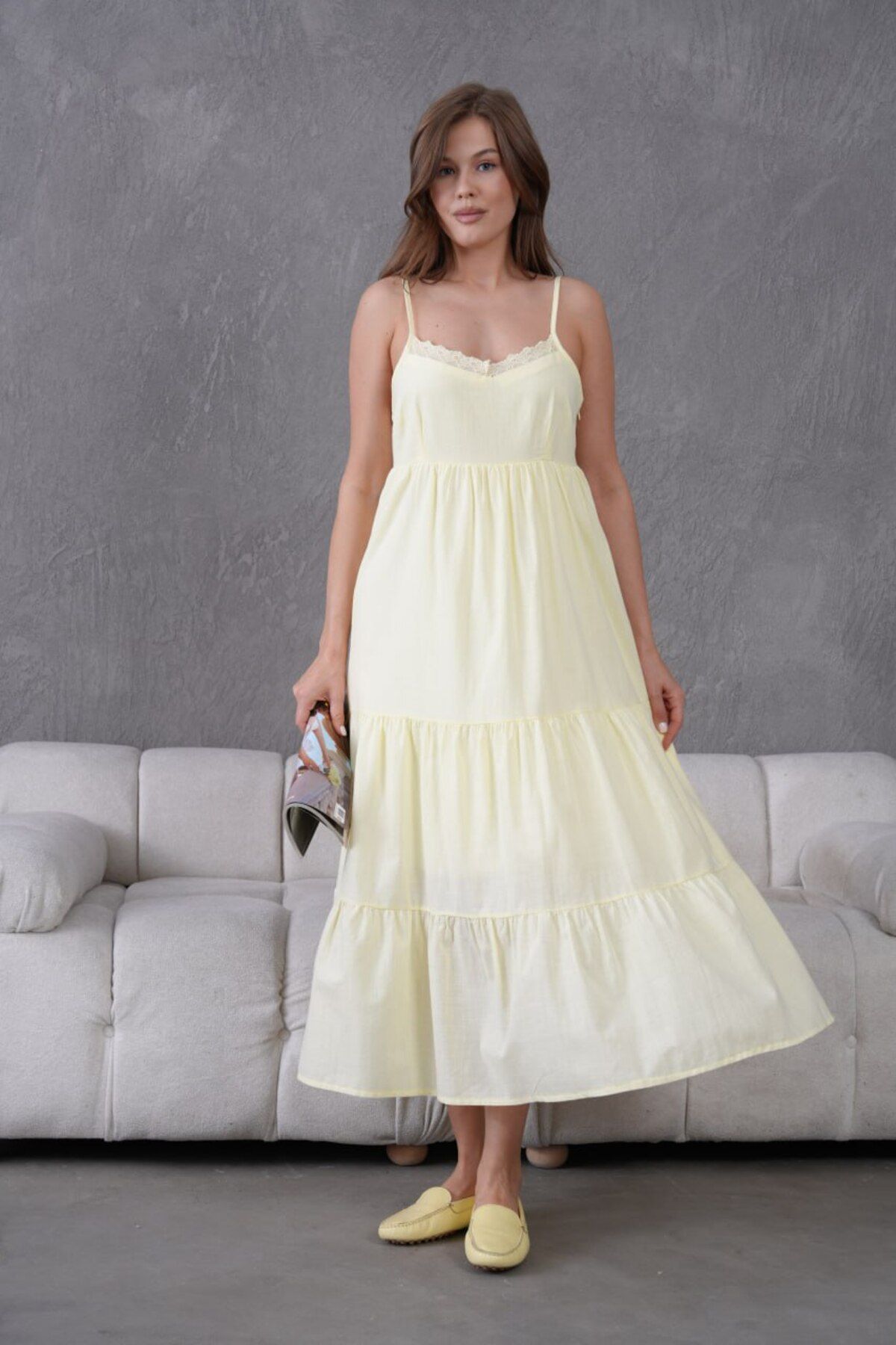 Noi Belis Astarlı Maxi Boy A-Kesim Dantel Detaylı Askılı İnce Yazlık Elbise SS25EL0022