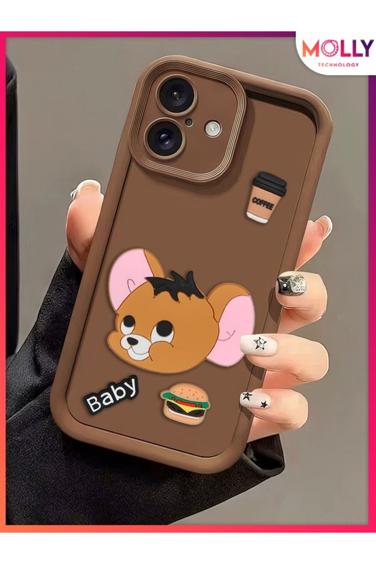 Molly iPhone 16 İçin Fallow Brown Kenarları Kalın 3d Kabartmalı Baby Jerry Silikon Kılıf