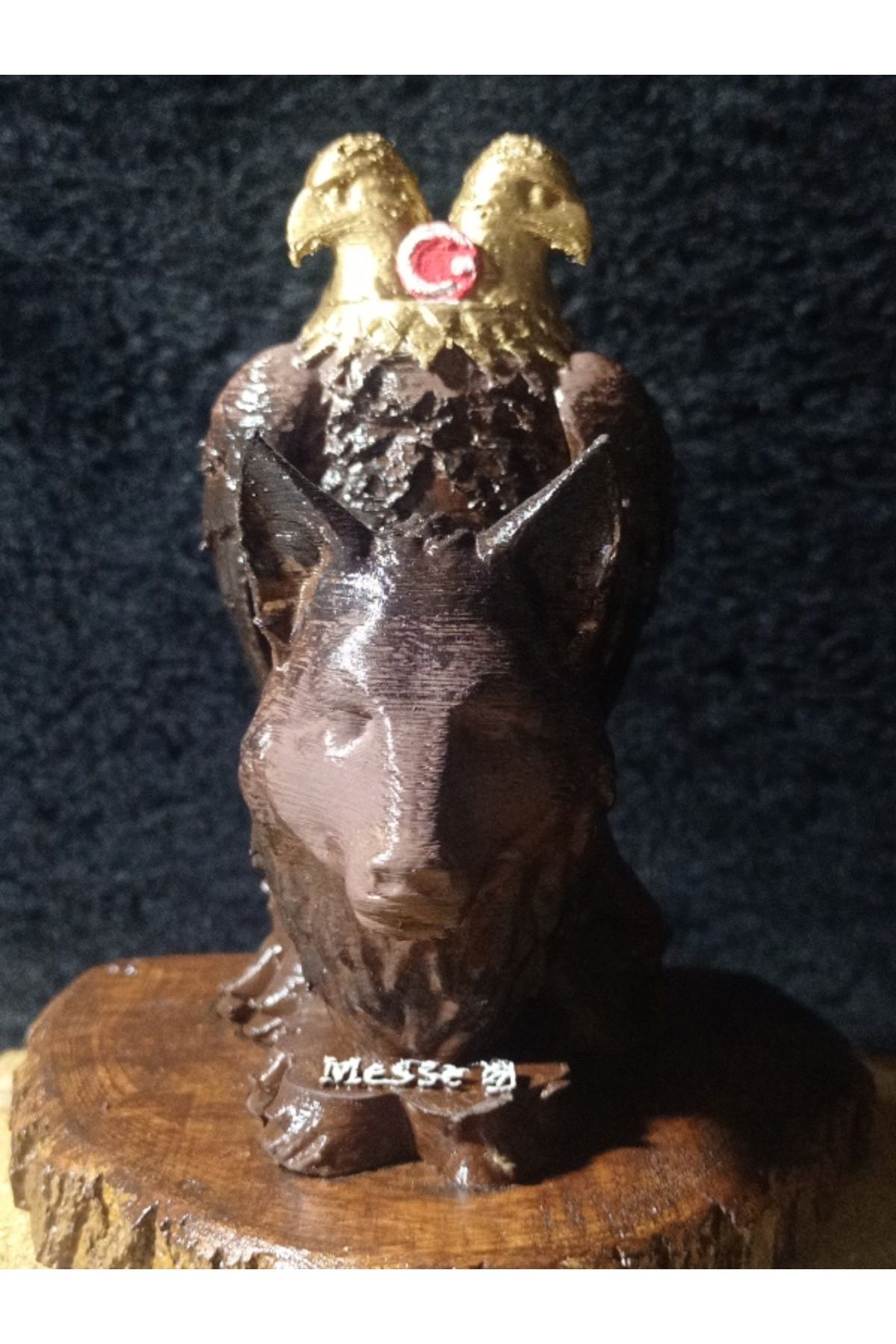 MESSE SELÇUKLU ÇİFT BAŞLI KARTALI VE KURT BÜSTÜ 3D FLAMENT VE AHŞAP BİLEŞİMİ EL YAPIMI MASA OBJE