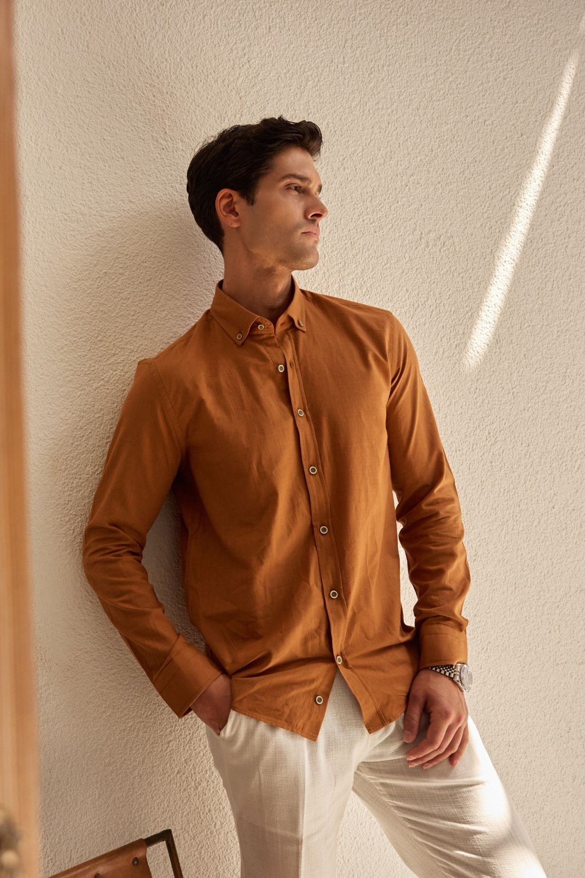 Livio Ferri Turi Erkek Pamuk Gömlek Modern Slim Fit Keten Görünümlü Uzun Kol