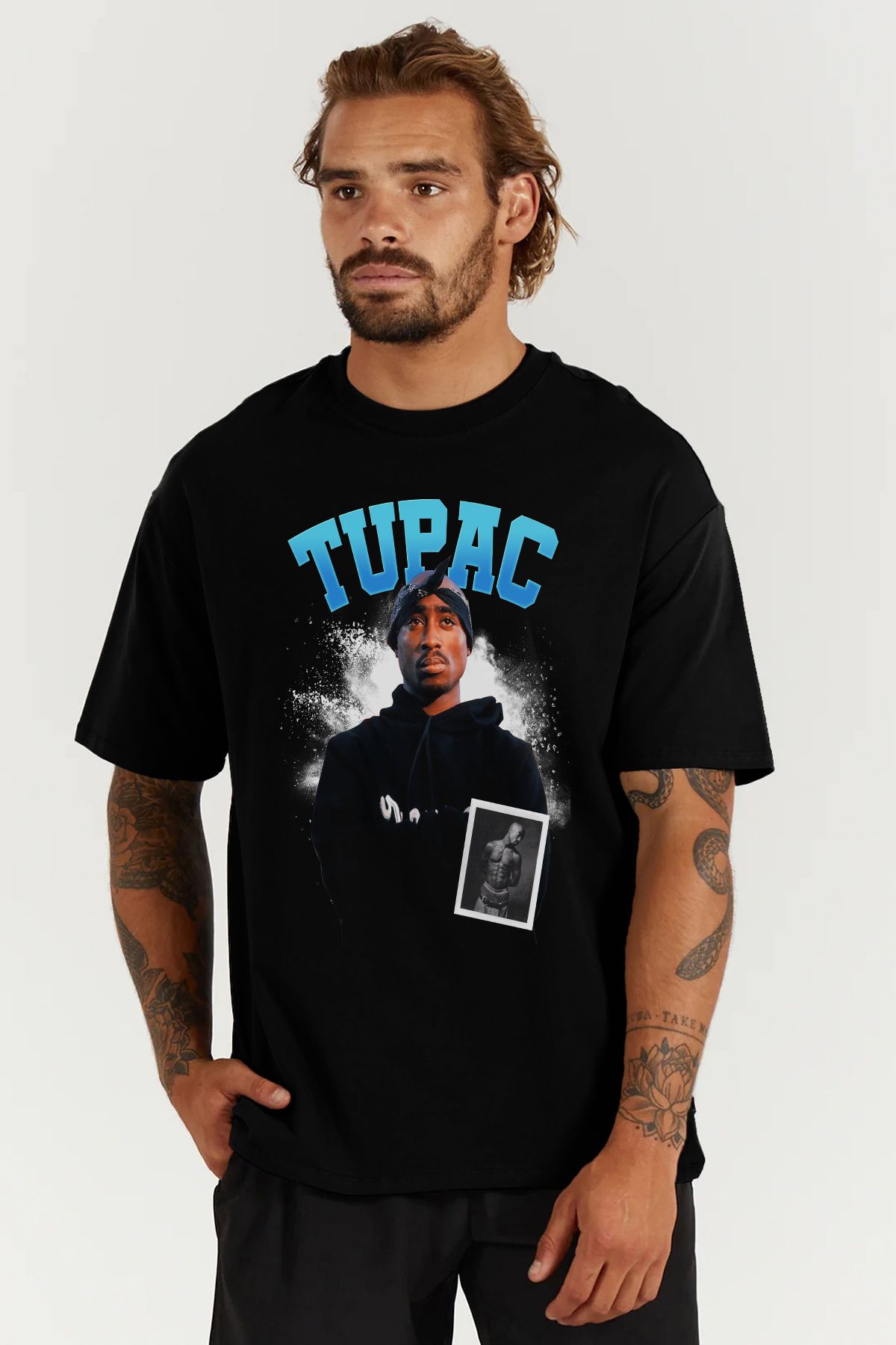 MODA Tupac Baskılı Oversize Kalıp Siyah Geniş Bol Kesim Erkek Tişört