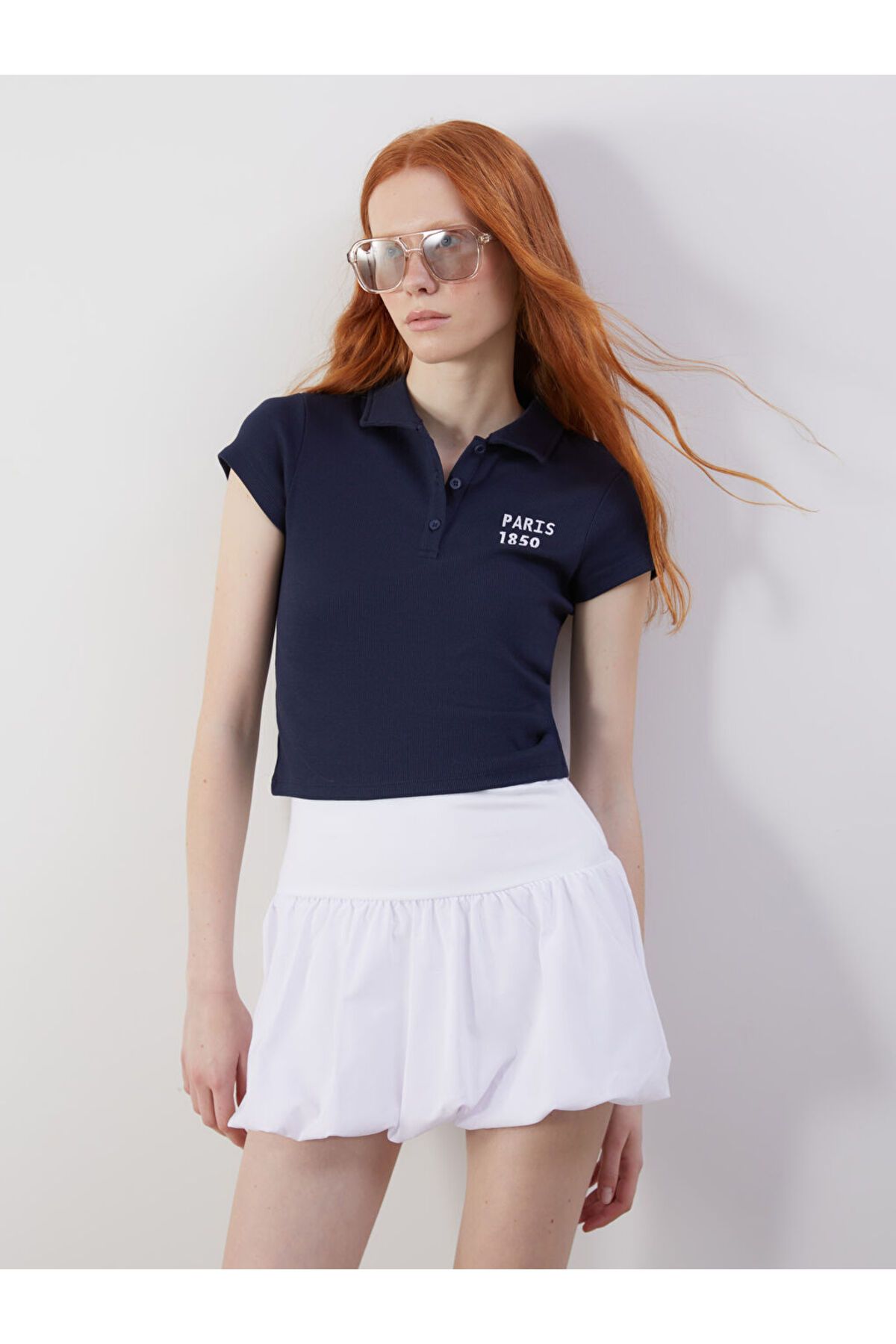 LC Waikiki XSIDE Lacivert Polo Yaka New York Nakışlı Kadın Tişört