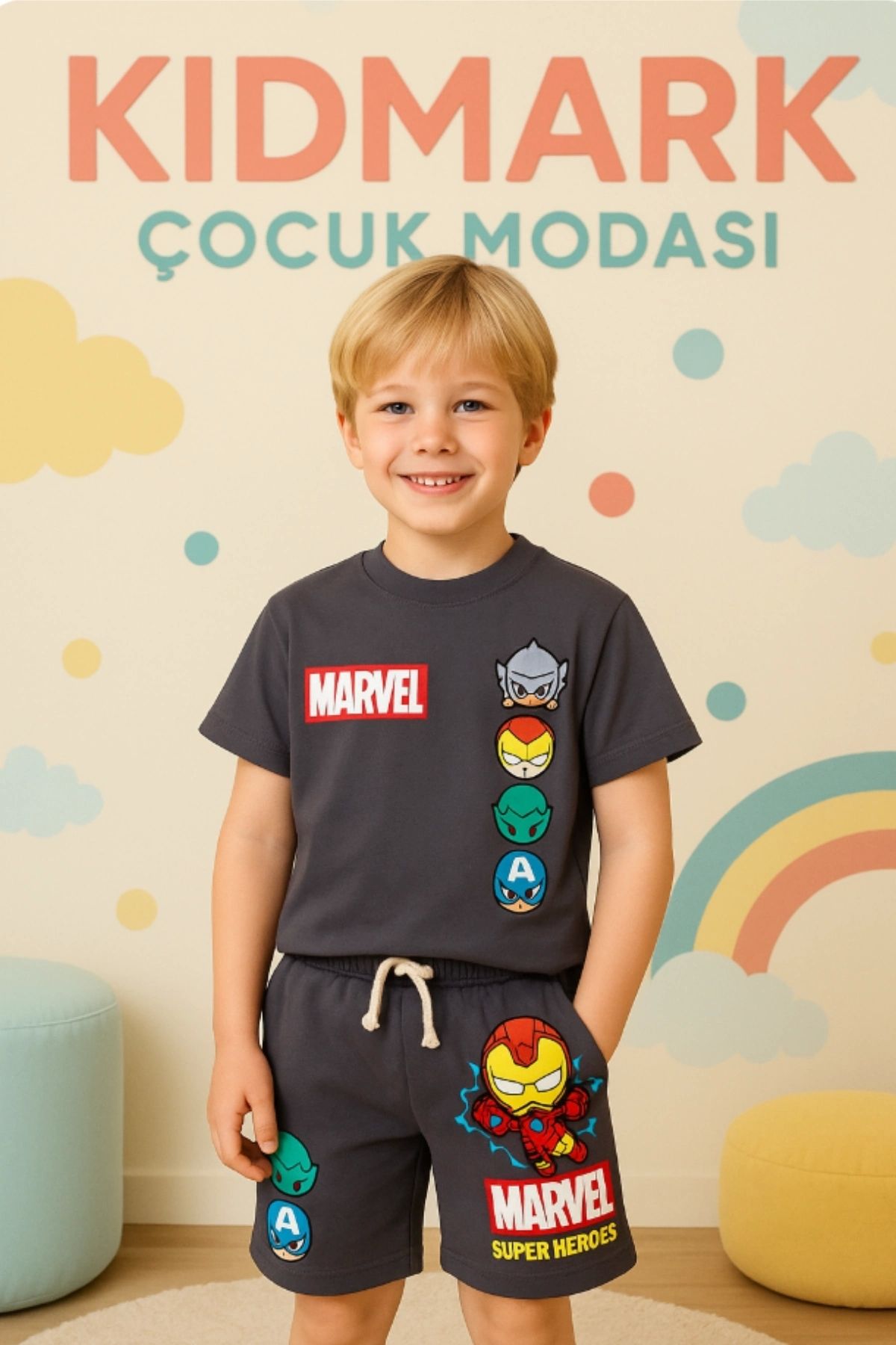 Kidmark Çocuk Modası Çocuk Marvel Avangers Baskılı %100 Pamuk Yazlık Takım