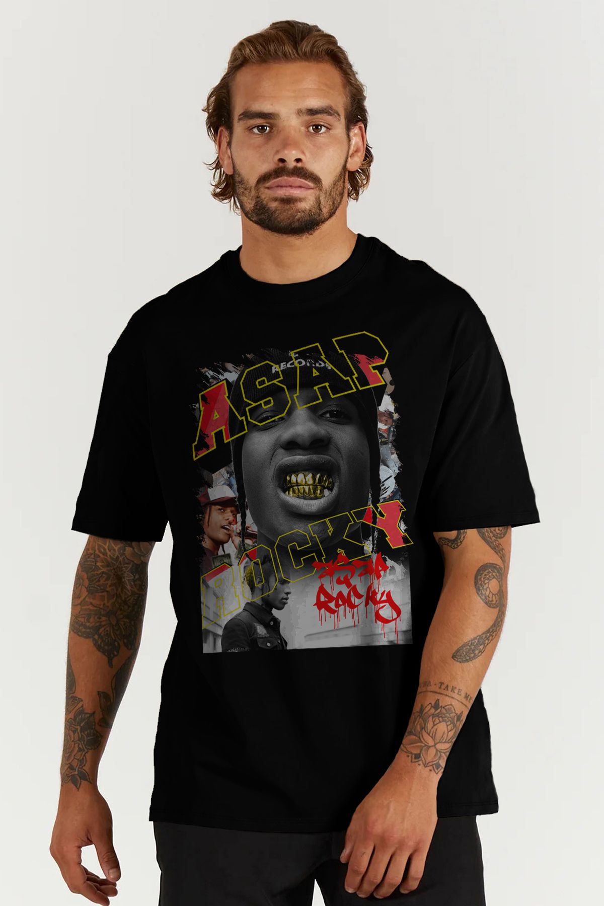 MODA Asap Rocky Baskılı Oversize Kalıp Siyah Geniş Bol Kesim Erkek Tişört