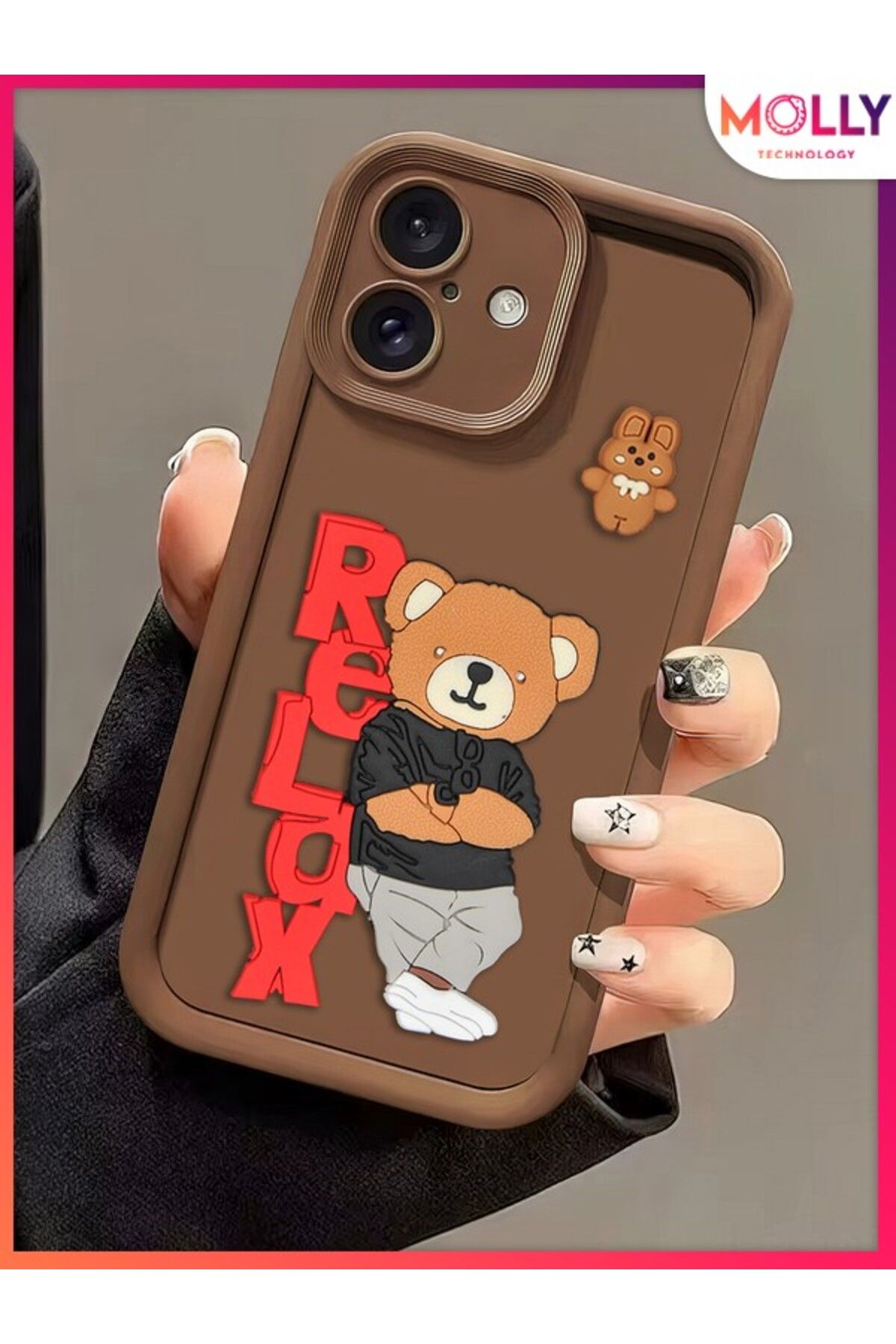Molly iPhone 16 İçin Fallow Brown Kenarları Kalın 3d Kabartmalı Teddy Bear Silikon Kılıf