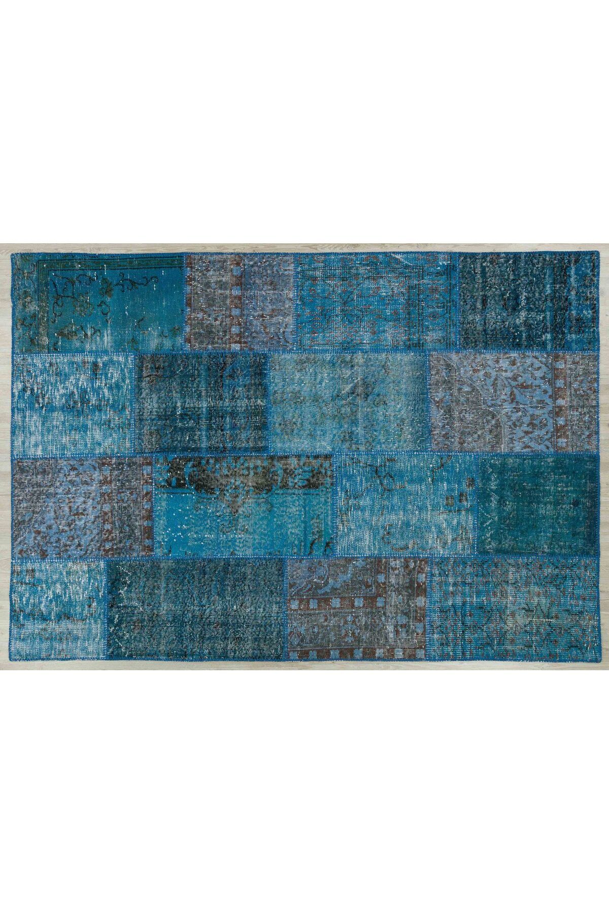 efestrend Buz Mavi Doğal Dokuma Patchwork Halı