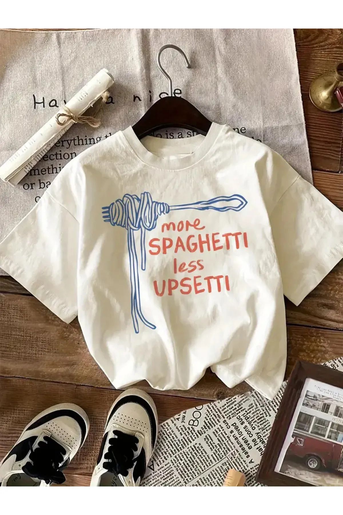 Koklonmoda Büyük Beden Unisex Spaghetti Baskılı Oversize T-Shirt