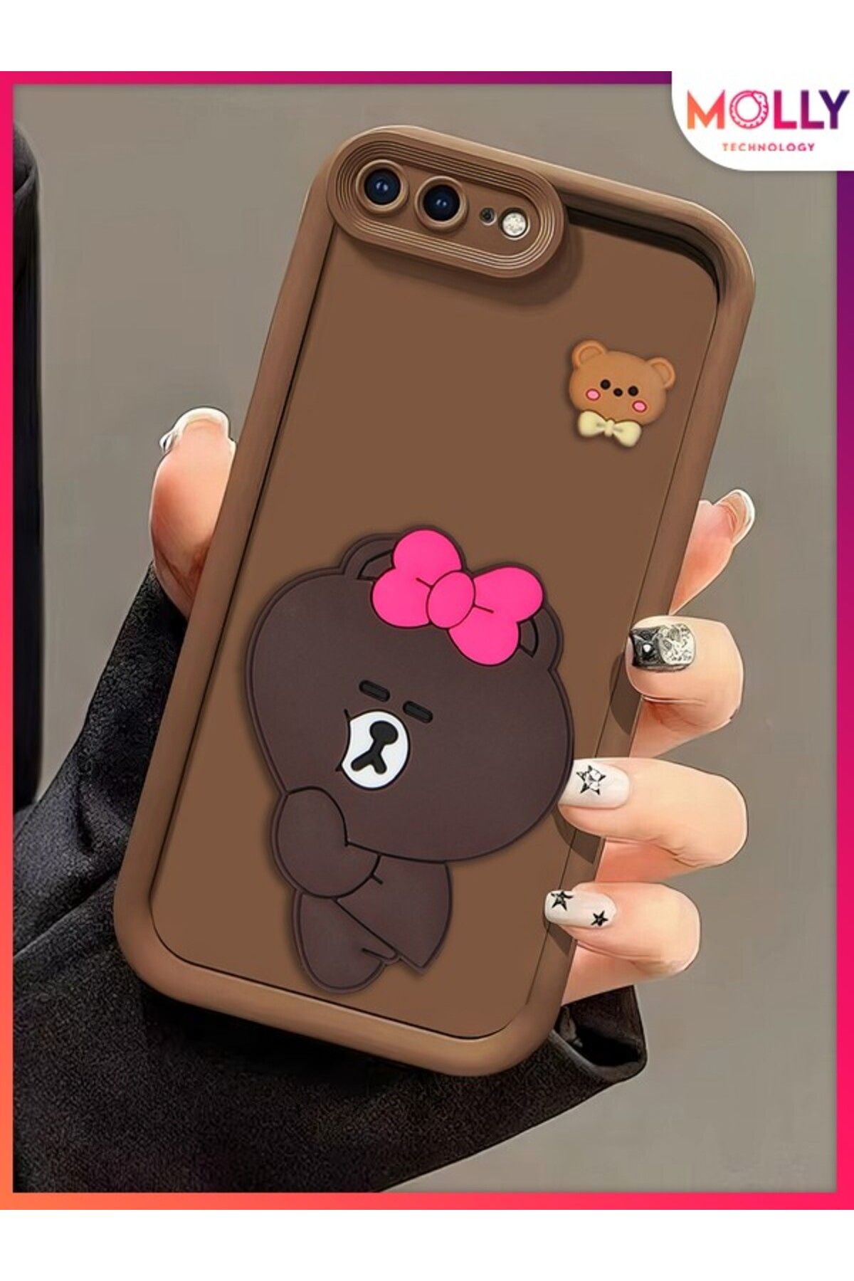 Molly iPhone 8 PLUS İçin Fallow Brown Kenarları Kalın 3d Kabartmalı Alice Bear Silikon Kılıf