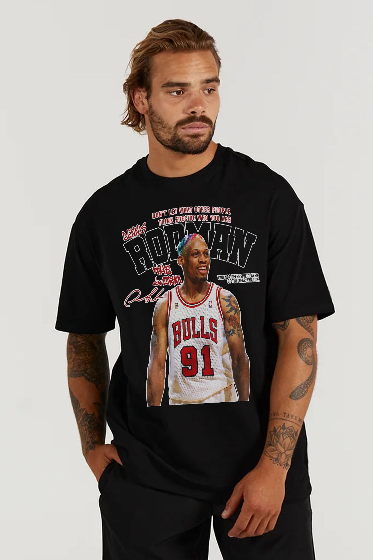 MODA Dennis Rodman Baskılı Oversize Kalıp Siyah Geniş Bol Kesim Erkek Tişört