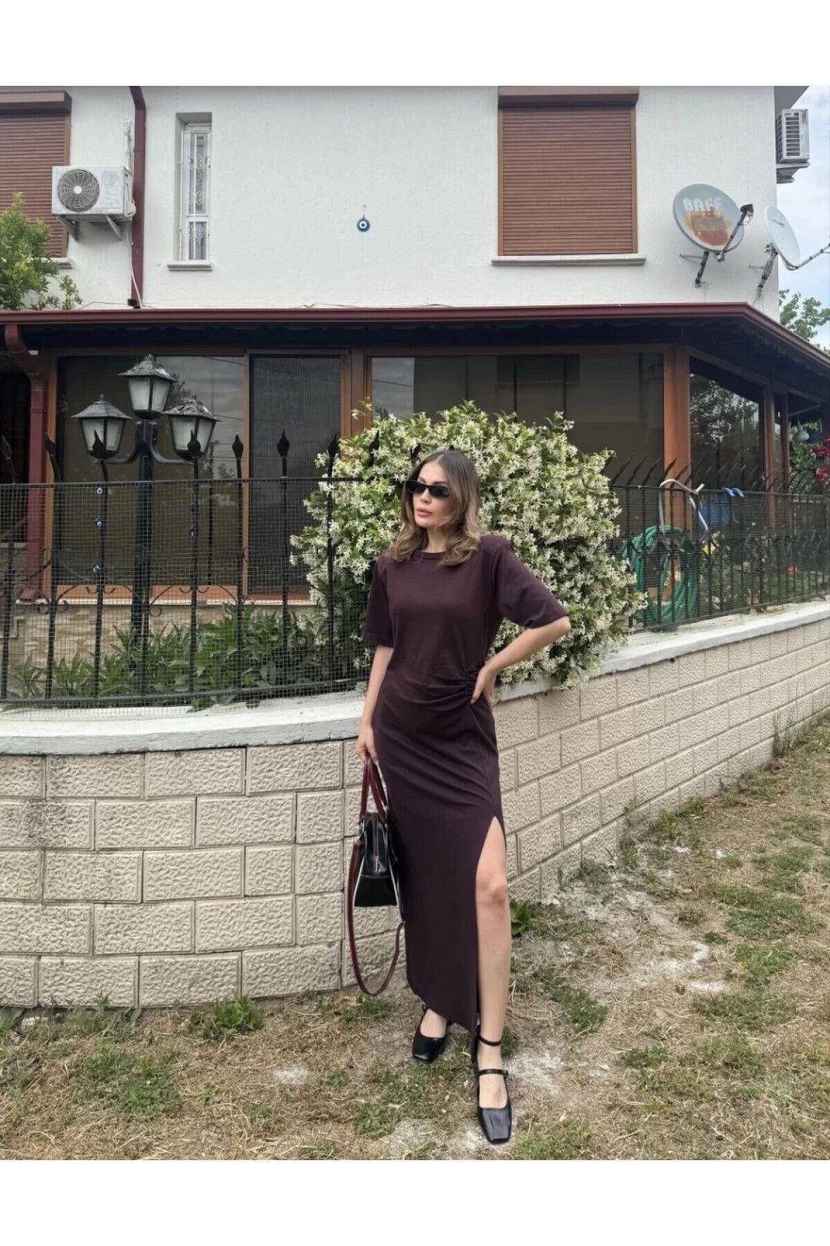 cakır and moniva Kadın Kısa Kollu Uzun Yandan Yırtmaçlı Elbise