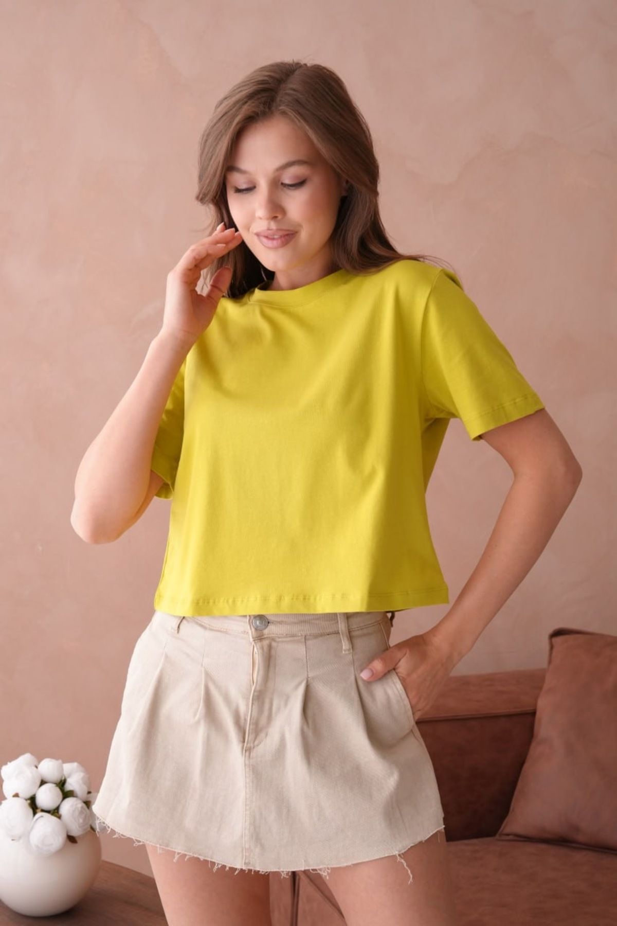 Noi Belis Basic 100% Pamuk Crop Boy Bisiklet Yaka Kısa Kol İnce Yazlık T-Shirt SS25TS0001