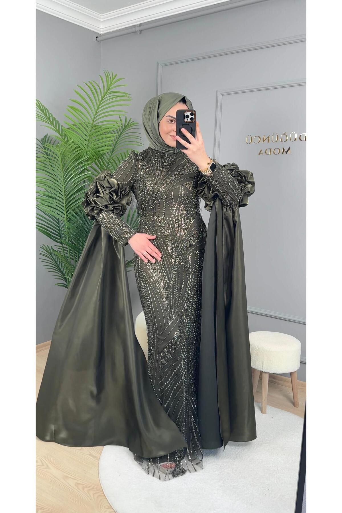 perfectmegastore New Elegans Taş İşlemeli Balon Kol Abiye Elbise-2445