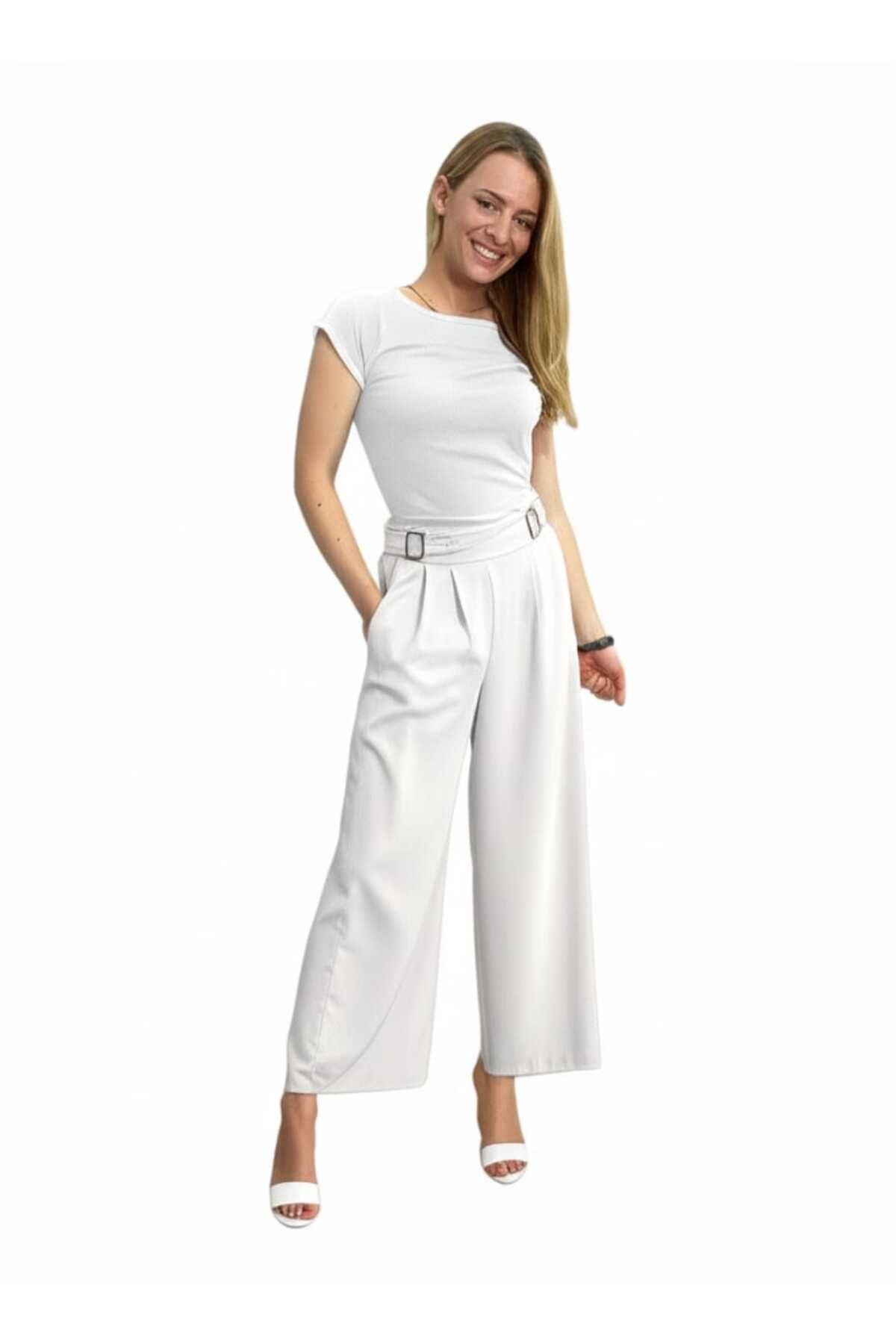 SSO Kadın Yüksek Bel Tokalı Kemer Görünümü Wide-leg (Geniş Paça) Palazzo Pantolon