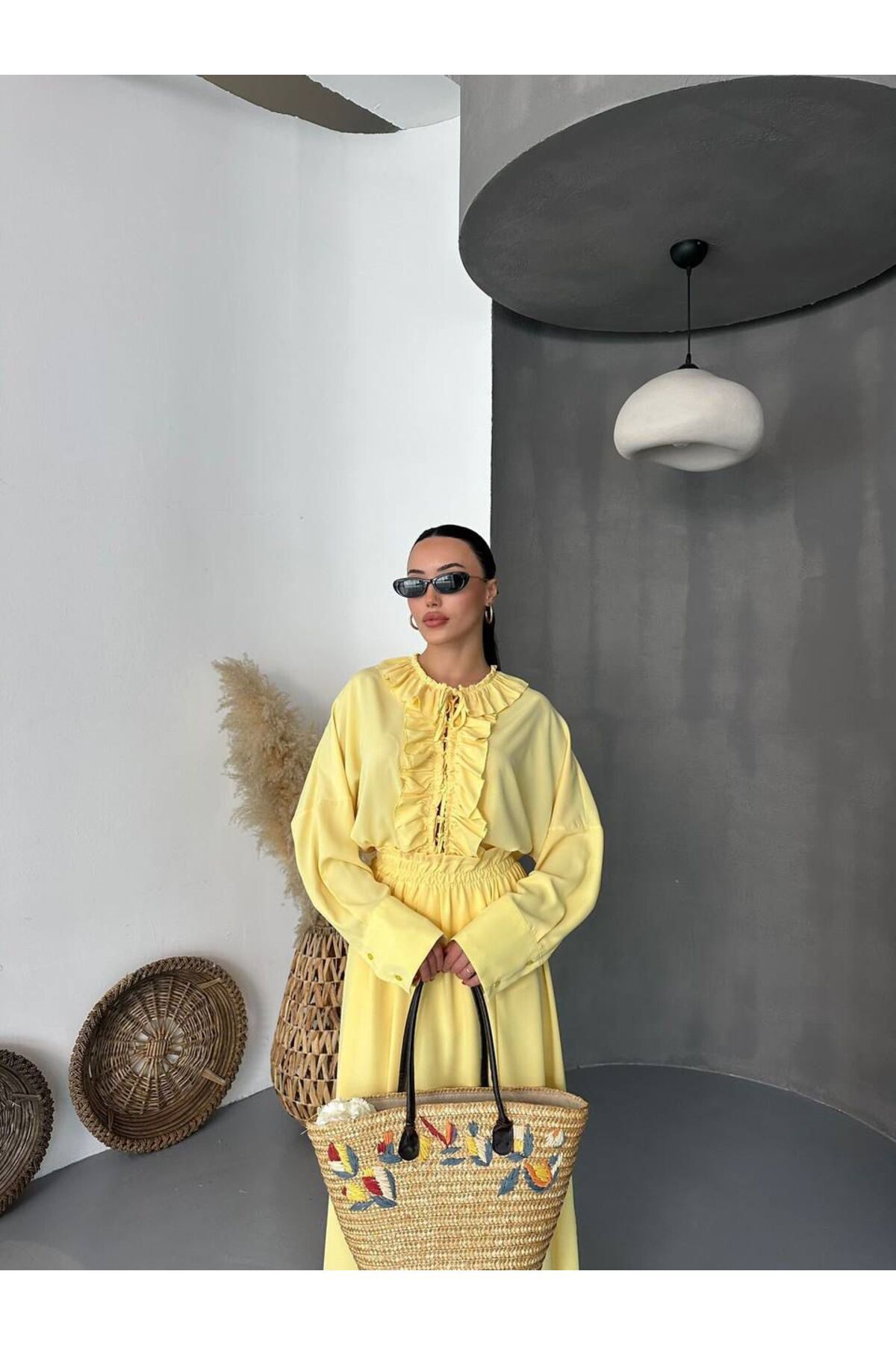 Hotfashion Fırfır Detaylı Beli Lastikli Sarı Yazlık Elbise