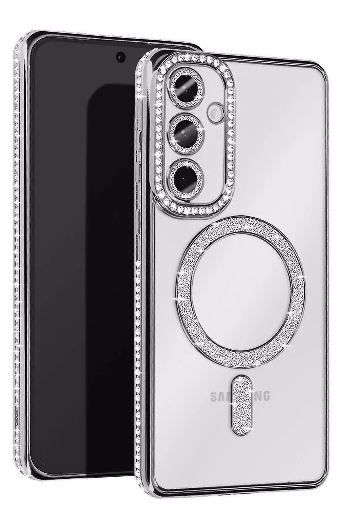 cepmoda samsung galaxy S25 EDGE Telefon Kılıfı | Taşlı, Simli, Lüx dizayn, Lens Korumalı Kapak | GÜMÜŞ