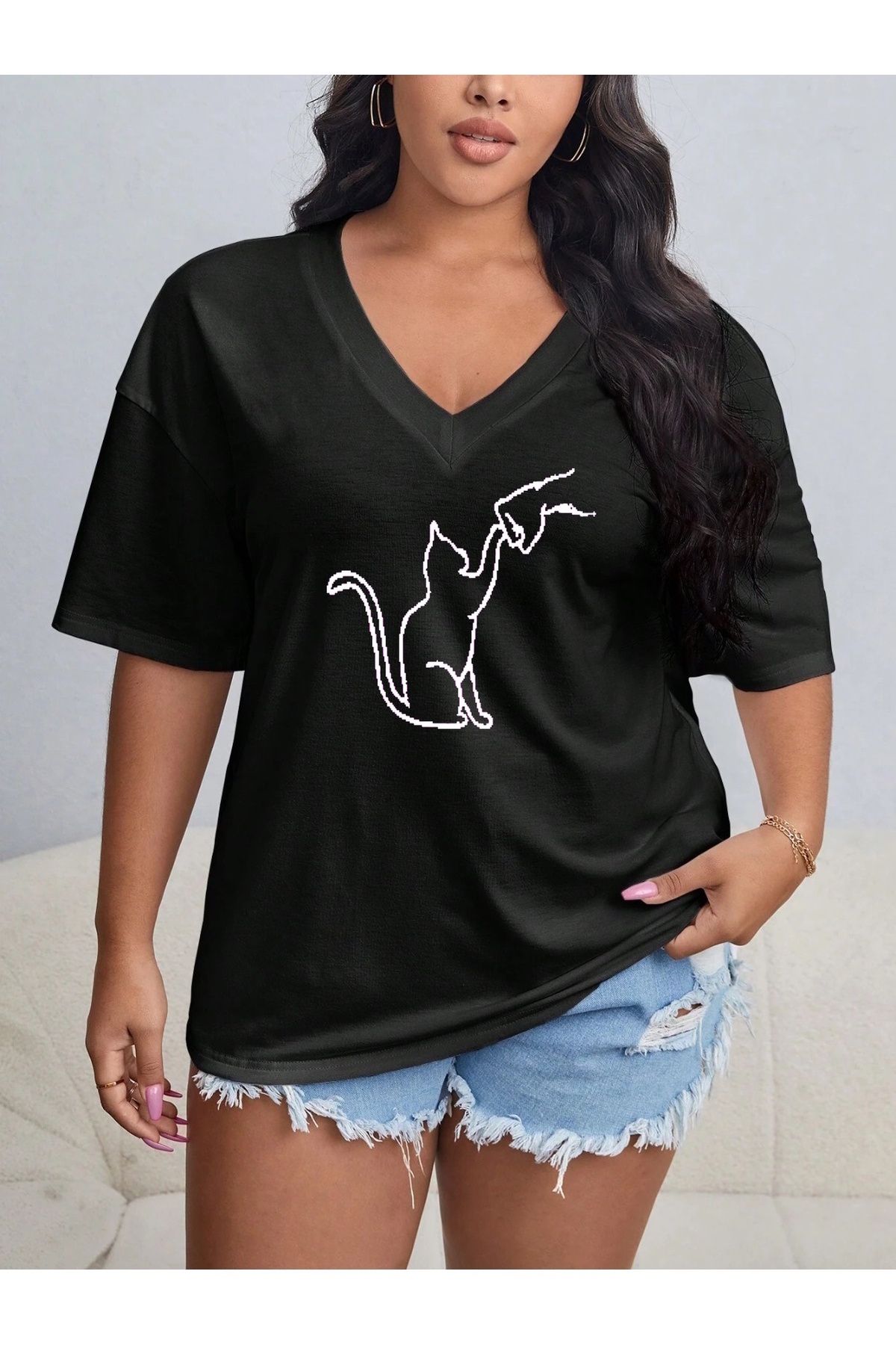 Tarzsokak Kadın / Kız V Yaka Düz & Baskılı Siyah / Beyaz Oversize T-shirt Salaş