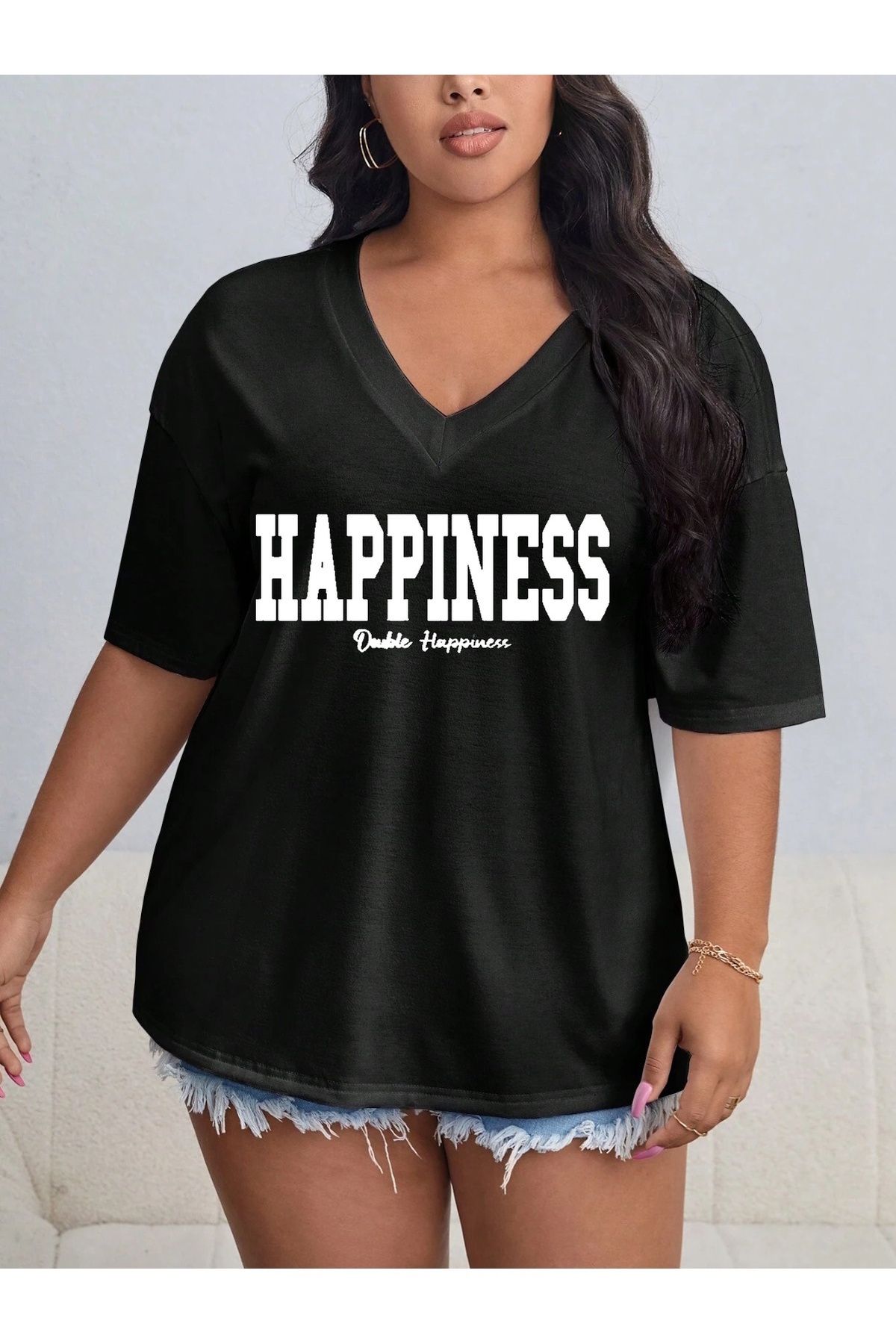 Tarzsokak Kadın / Kız V Yaka Düz & Baskılı Siyah / Beyaz Oversize T-shirt Salaş