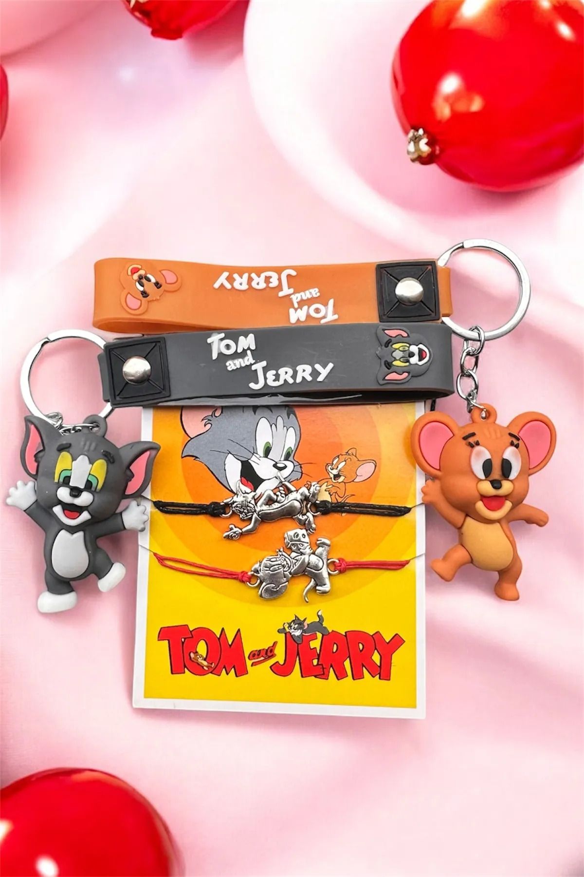 TAYEM 4'lü Set Tom ve Jerry Anahtarlık & Tom ve Jerry Bileklik, Sevgili Arkadaş Anahtarlığı & Bilekliği