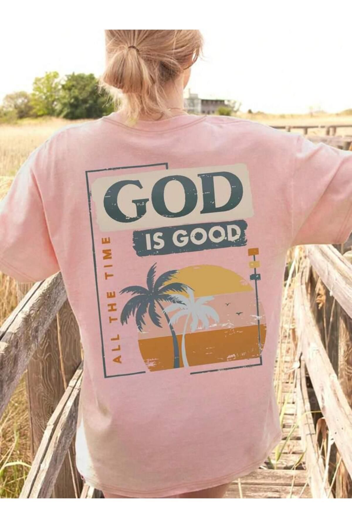 Tarzsokak pembe god is good baskılı oversize