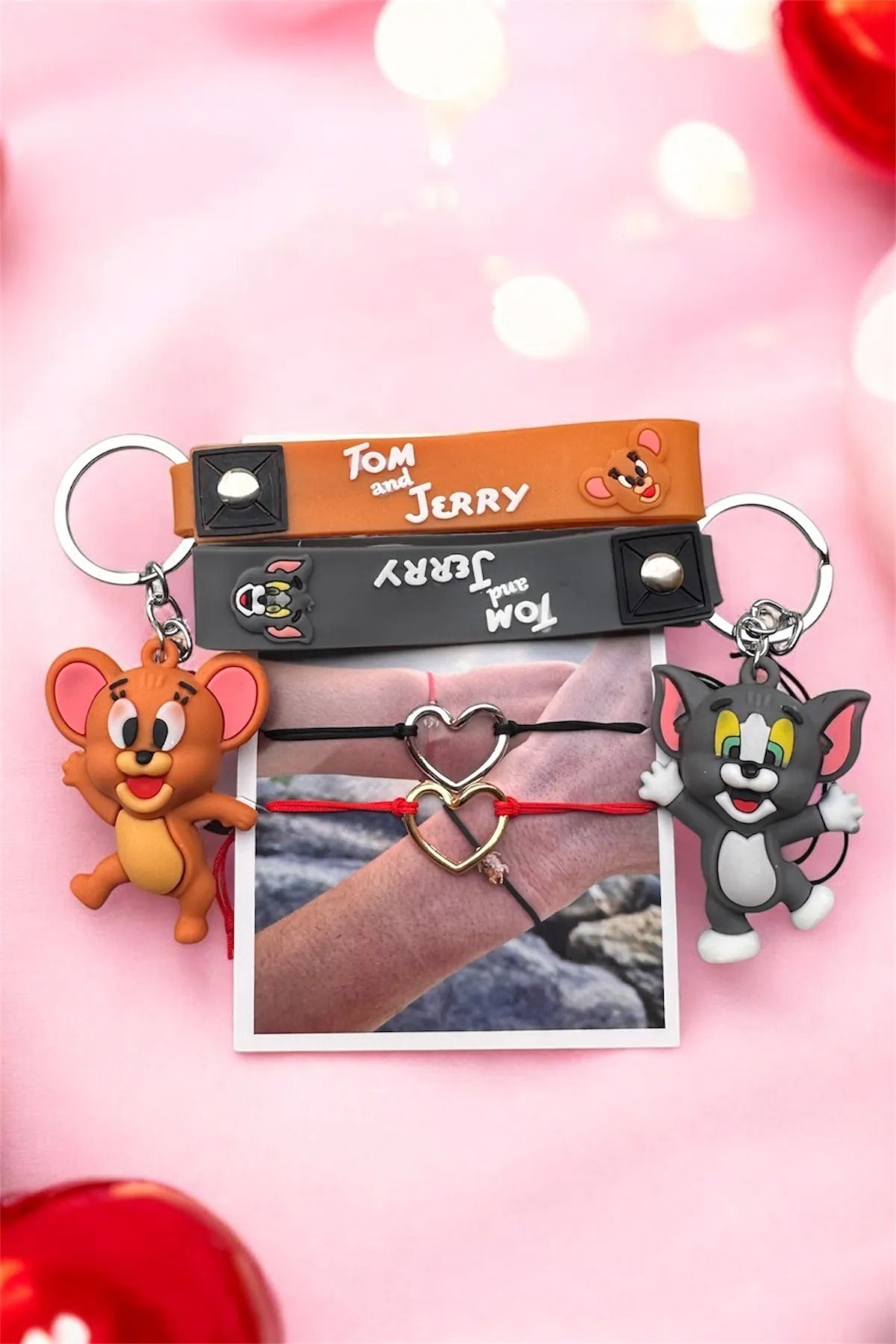 TAYEM 4'lü Set Tom ve Jerry Anahtarlık & Kalp Bileklik Kombini, Sevgili Arkadaş Anahtarlığı & Bilekliği