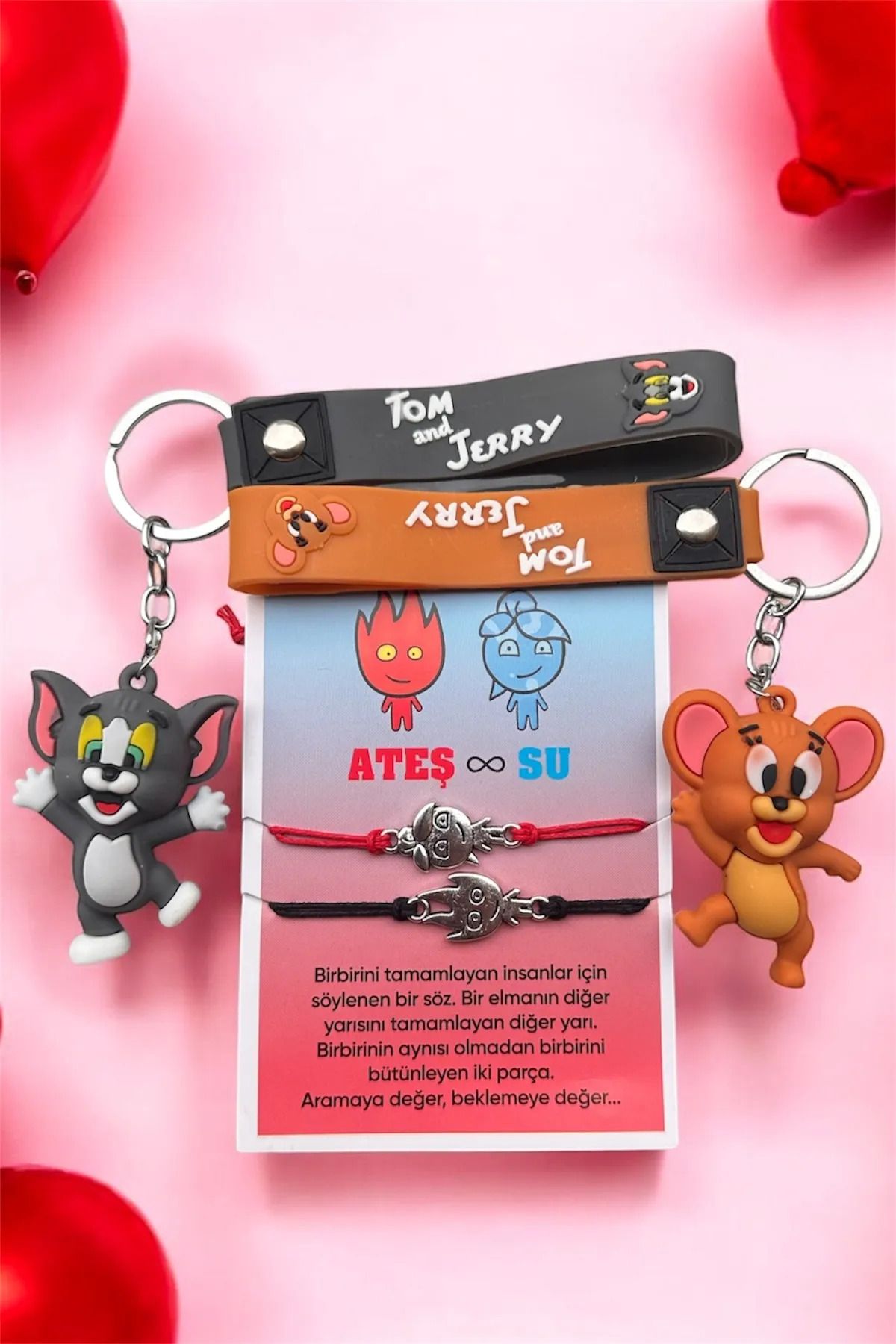 TAYEM 4'lü Set Tom ve Jerry Anahtarlık & Ateş ve Su Bileklik, Sevgili Arkadaş Anahtarlığı & Bilekliği