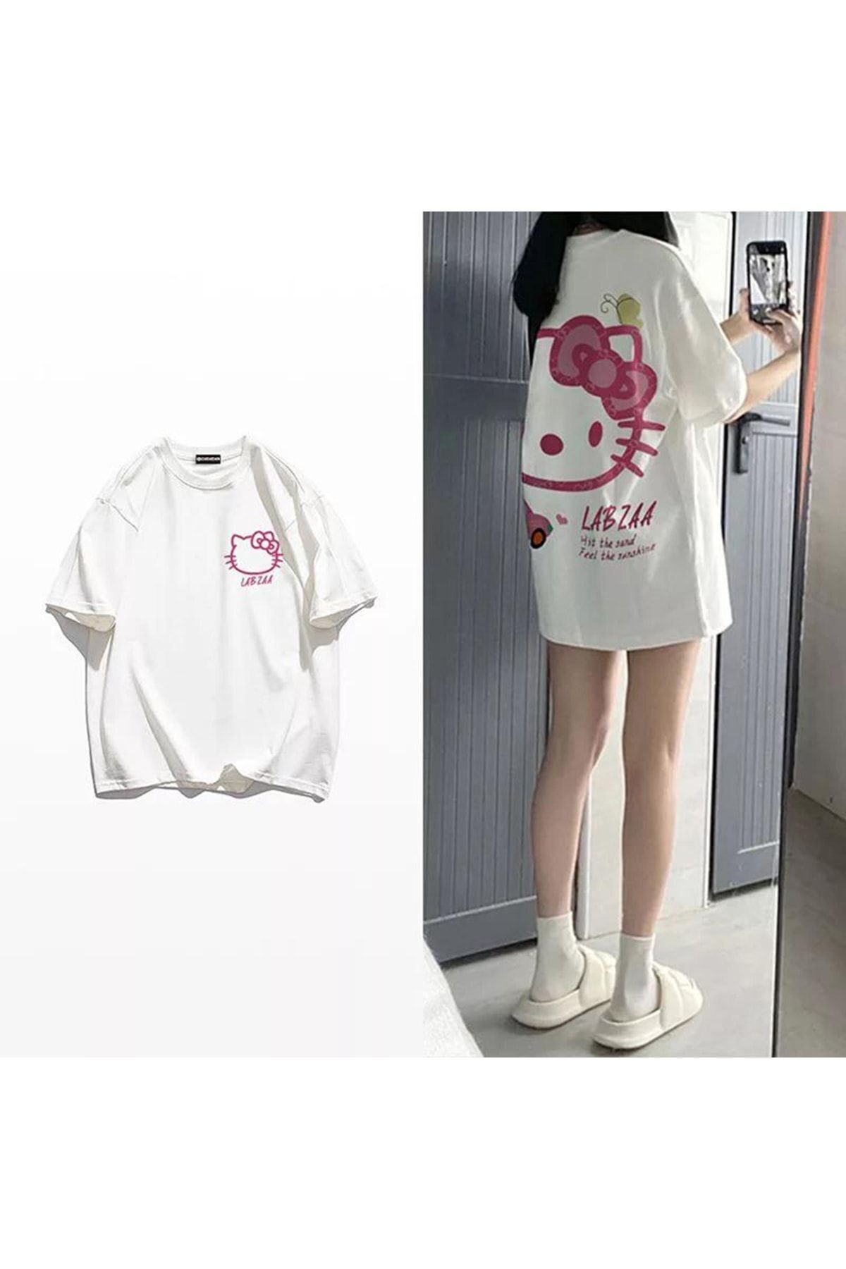 Tarzsokak Hello Kitty Silüet Beyaz Ön ve Arka Baskı Kısa Kollu