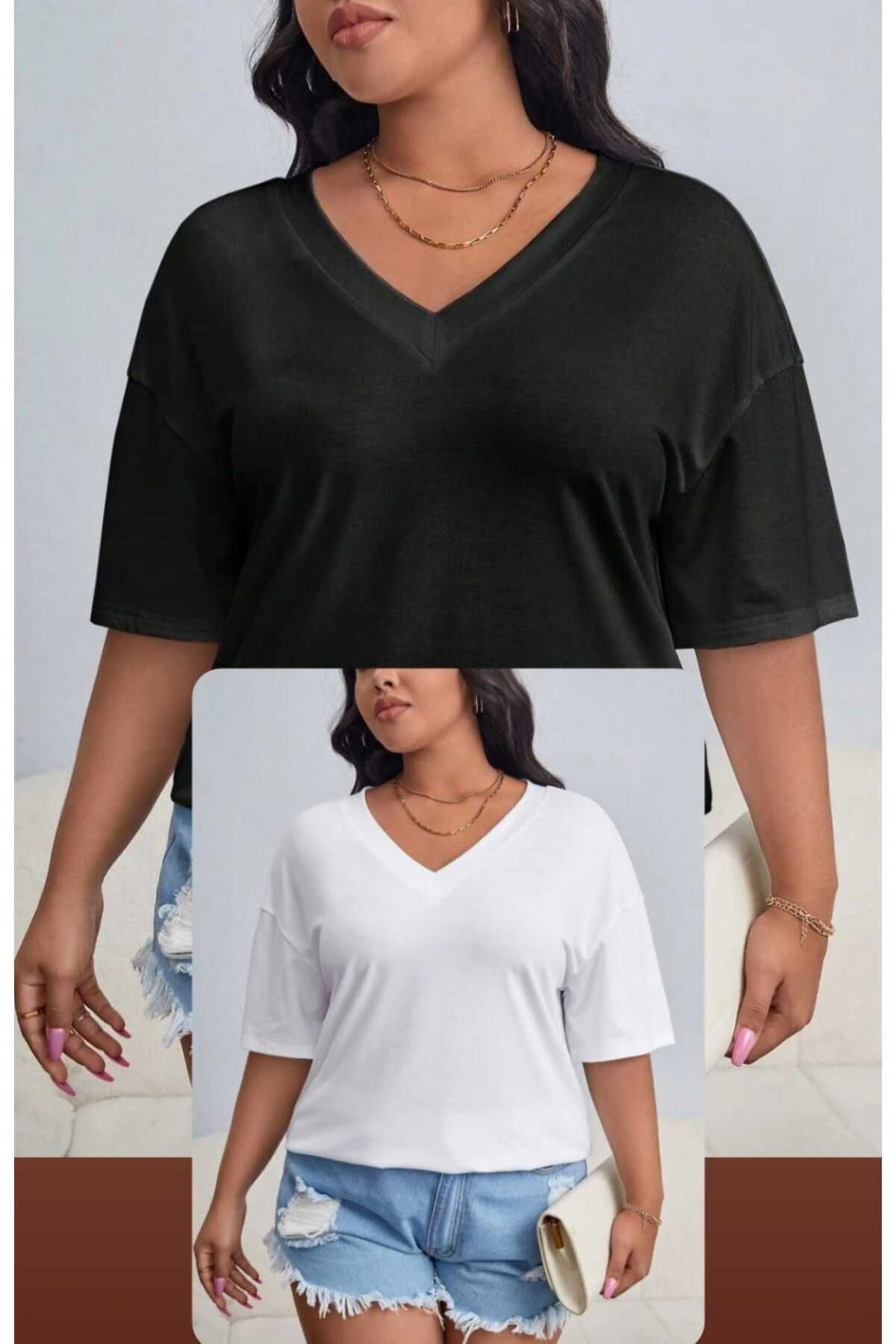 Tarzsokak Kadın / Kız V Yaka 2'li Basic Siyah&beyaz Oversize T-shirt Salaş