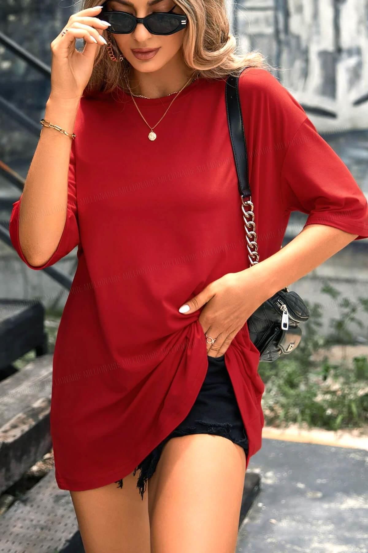 Tarzsokak Kırmızı Basic Düz Baskısız Oversize Salas Boyfriend Kadın