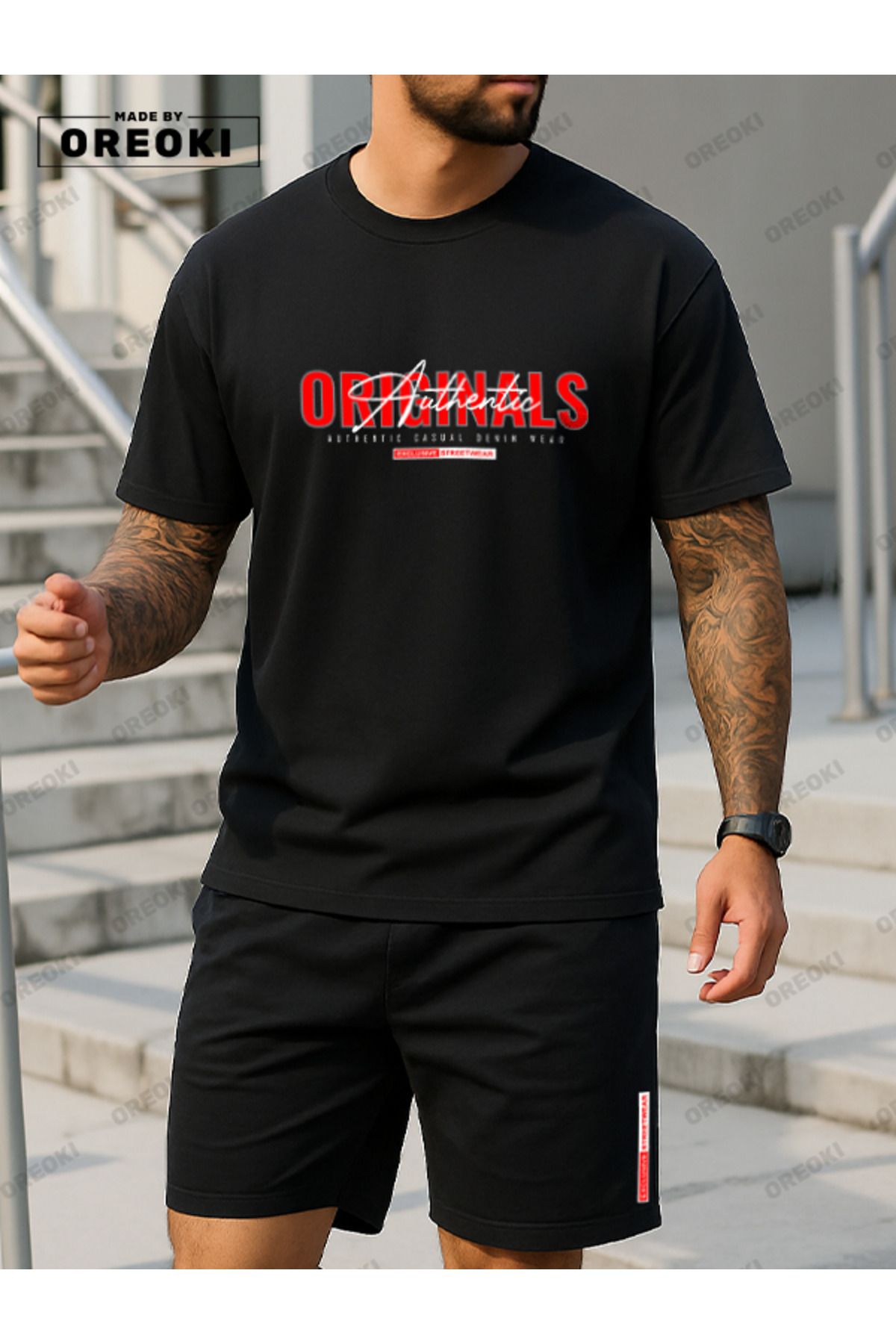 EFFRENATU Orijinal Sokak Giyimi Baskılı Pamuklu Kumaş Erkek Siyah T-shirt-Siyah Şort Takım